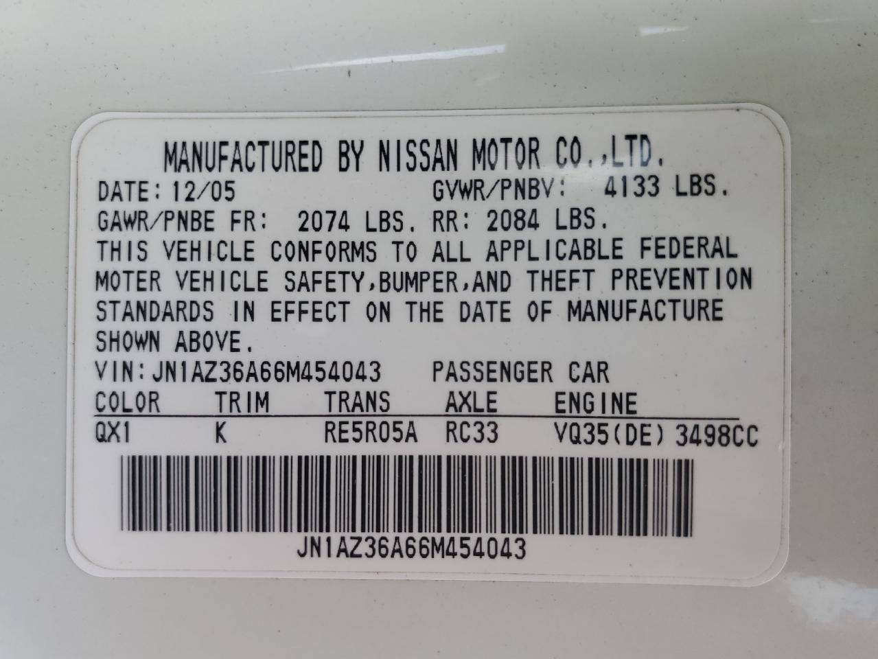 2006 Nissan 350Z Roadster VIN: JN1AZ36A66M454043 Lot: 61714864