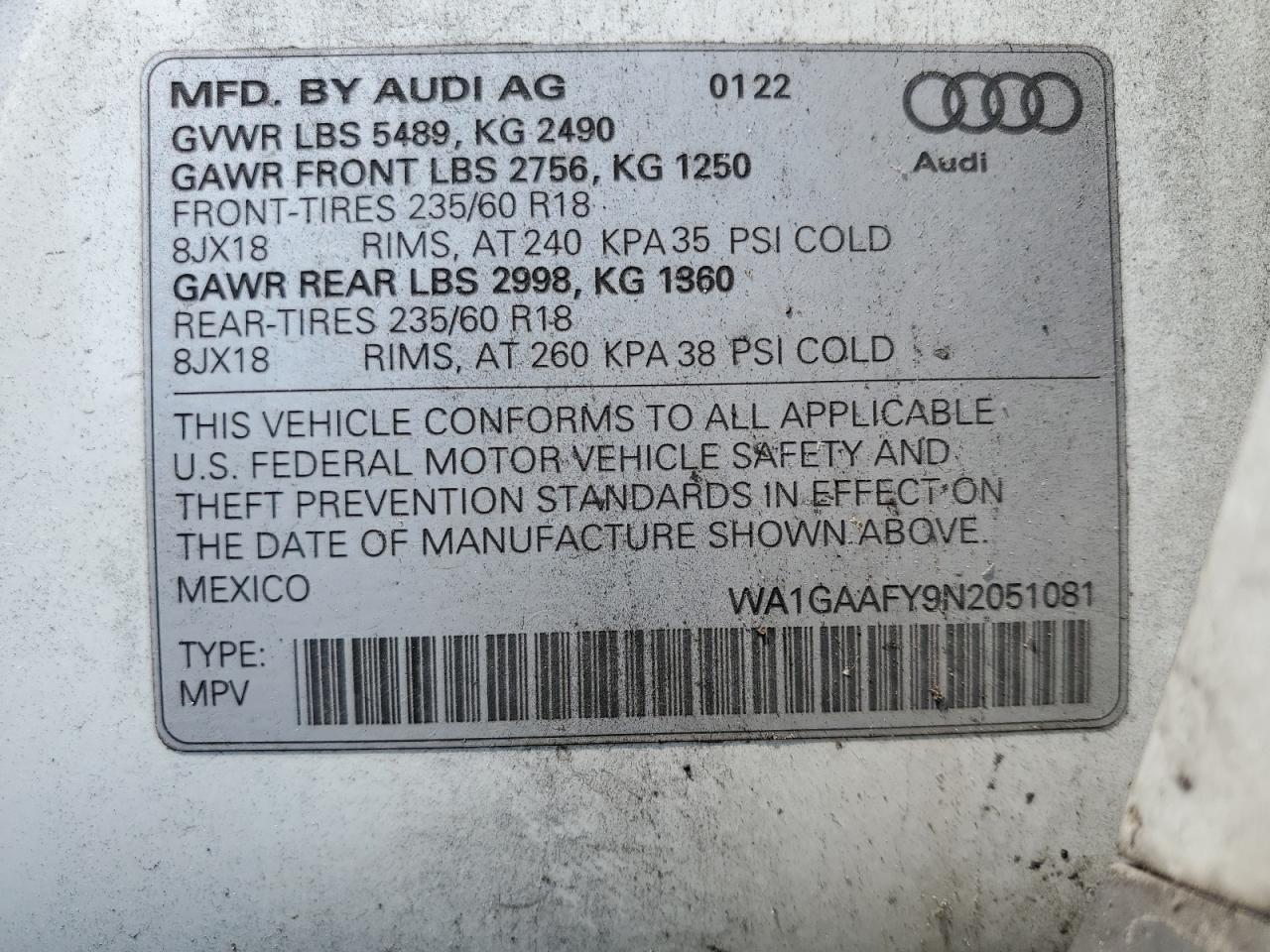 WA1GAAFY9N2051081 2022 Audi Q5 Premium 45