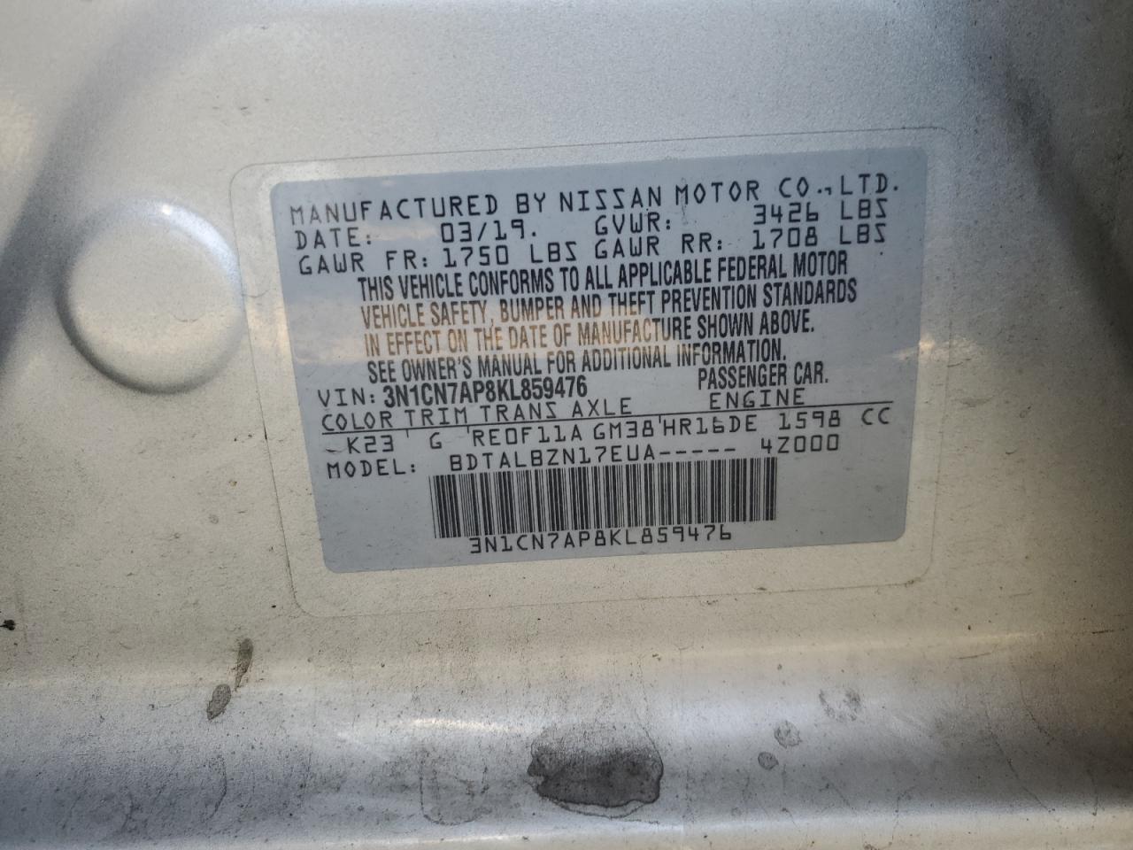 3N1CN7AP8KL859476 2019 Nissan Versa S