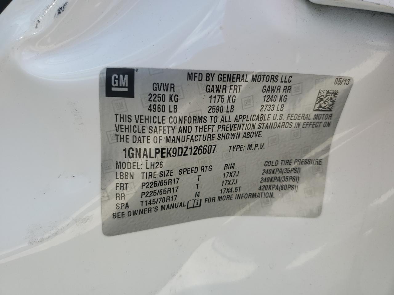 1GNALPEK9DZ126607 2013 Chevrolet Equinox Lt