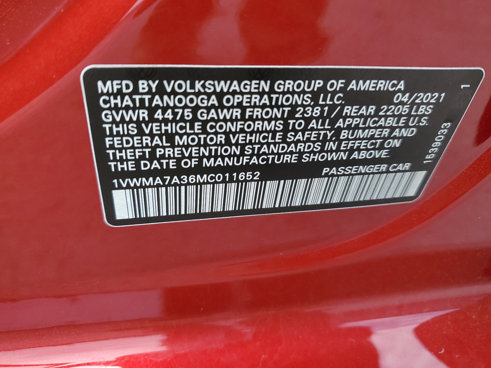 1VWMA7A36MC011652 2021 Volkswagen Passat R-Line