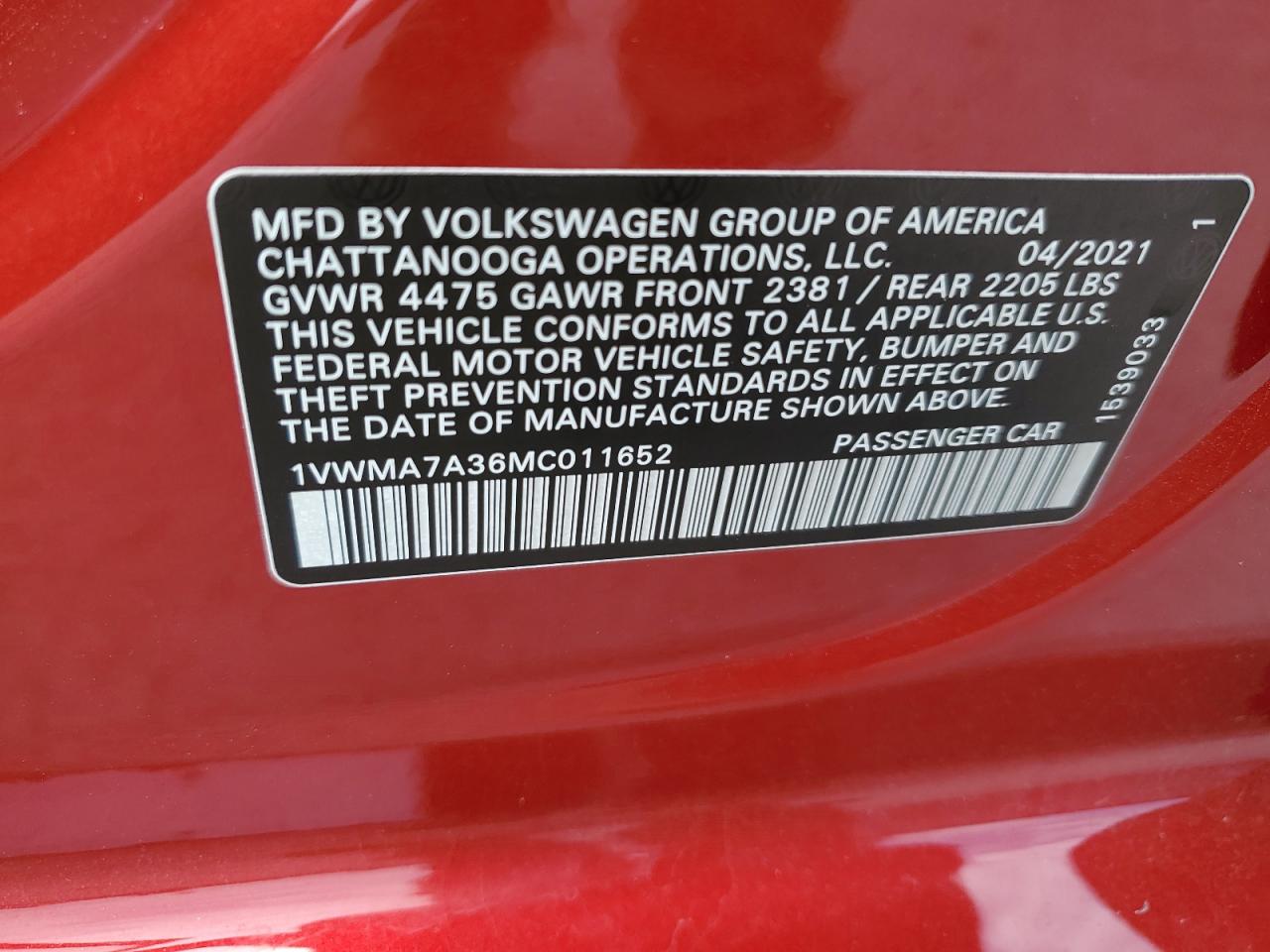 2021 Volkswagen Passat R-Line VIN: 1VWMA7A36MC011652 Lot: 64945834