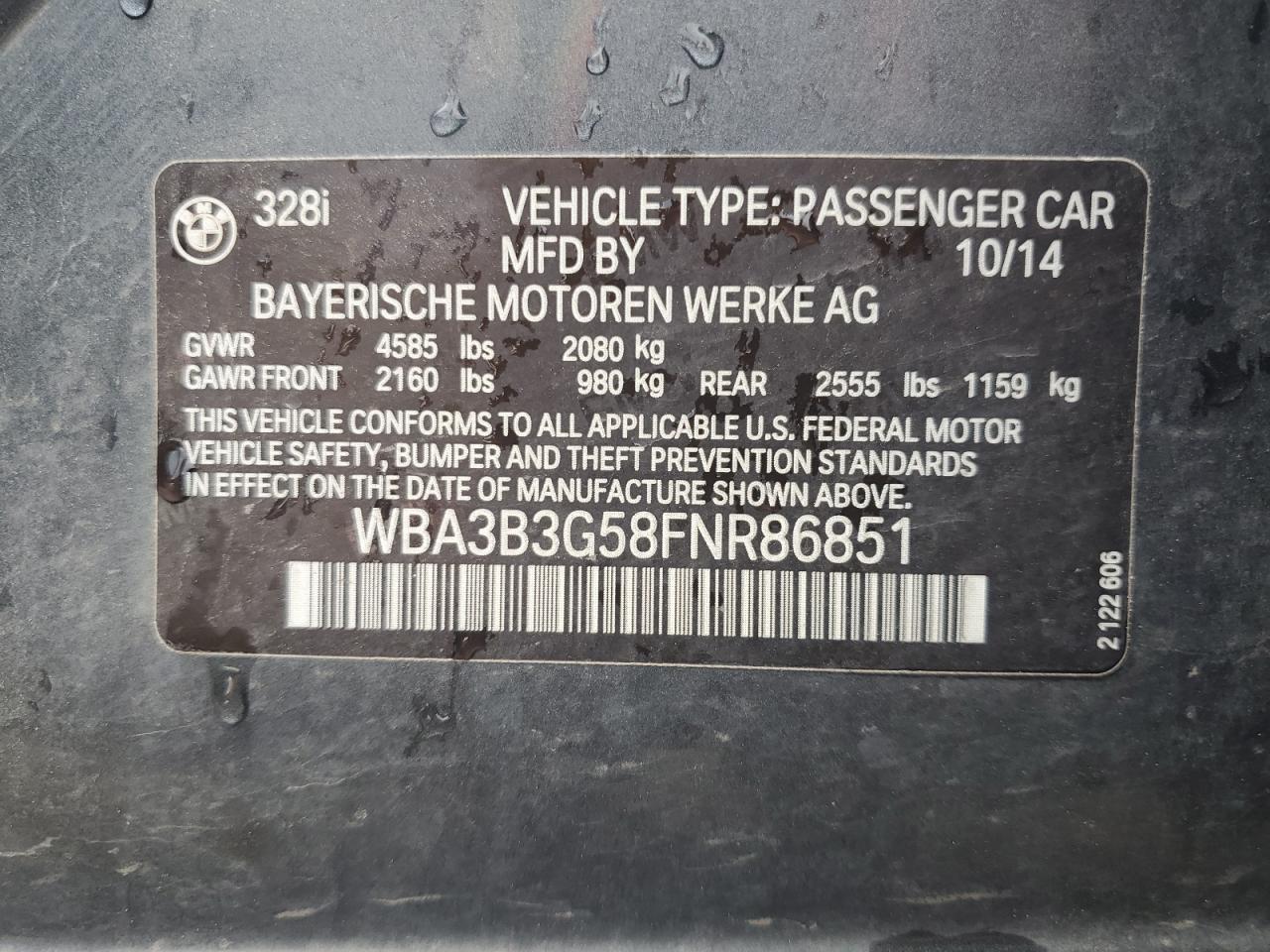 2015 BMW 328 Xi VIN: WBA3B3G58FNR86851 Lot: 64352354