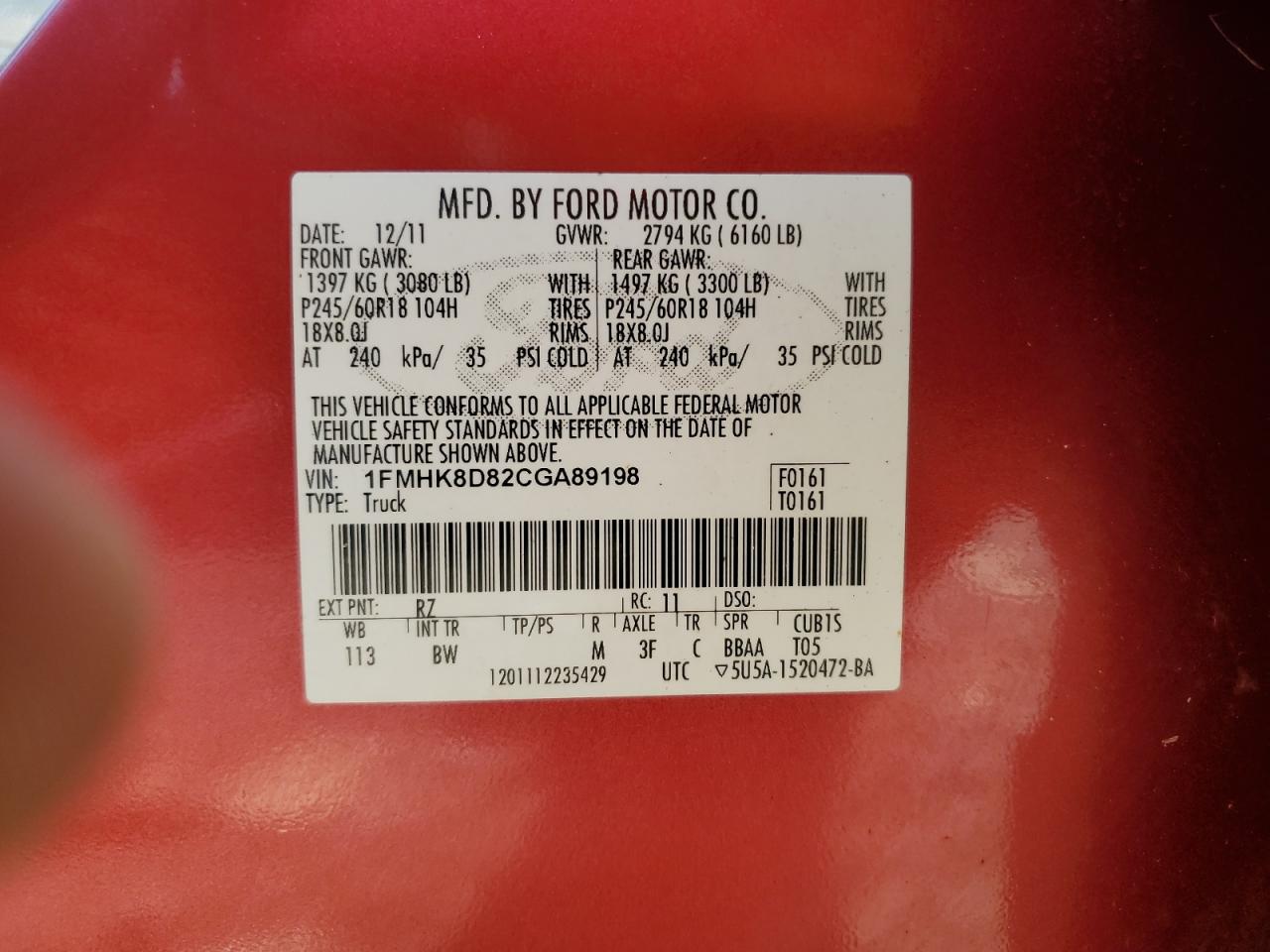 2012 Ford Explorer Xlt VIN: 1FMHK8D82CGA89198 Lot: 65593494