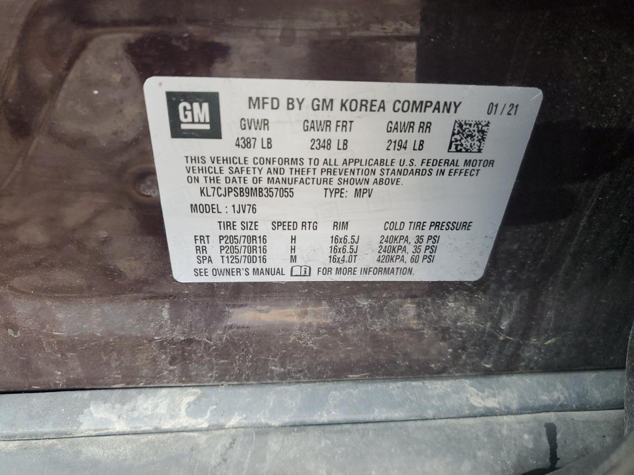 2021 Chevrolet Trax 1Lt VIN: KL7CJPSB9MB357055 Lot: 63196544