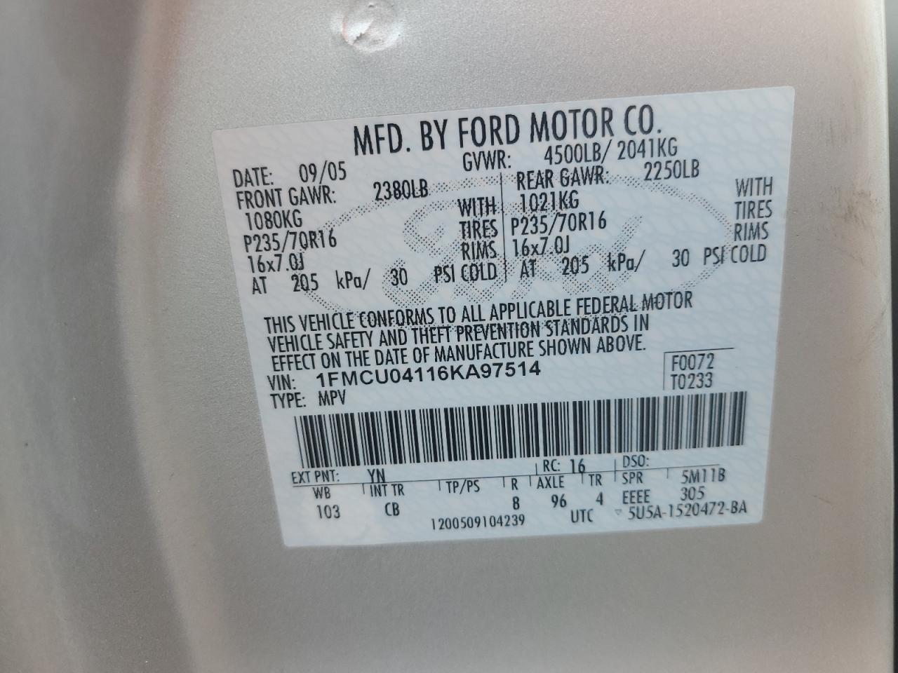 2006 Ford Escape Limited VIN: 1FMCU04116KA97514 Lot: 66964944