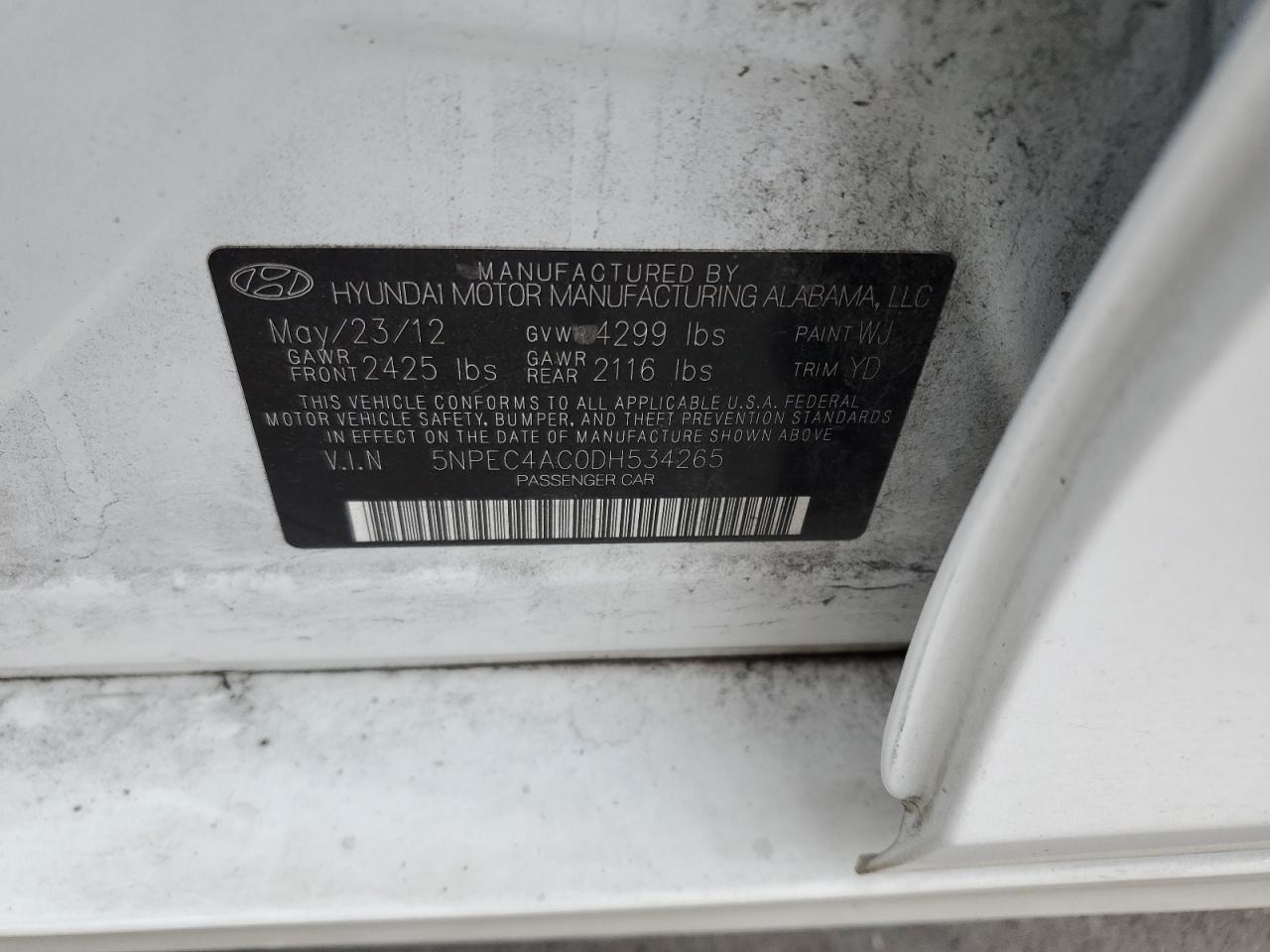 2013 Hyundai Sonata Se VIN: 5NPEC4AC0DH534265 Lot: 64453734