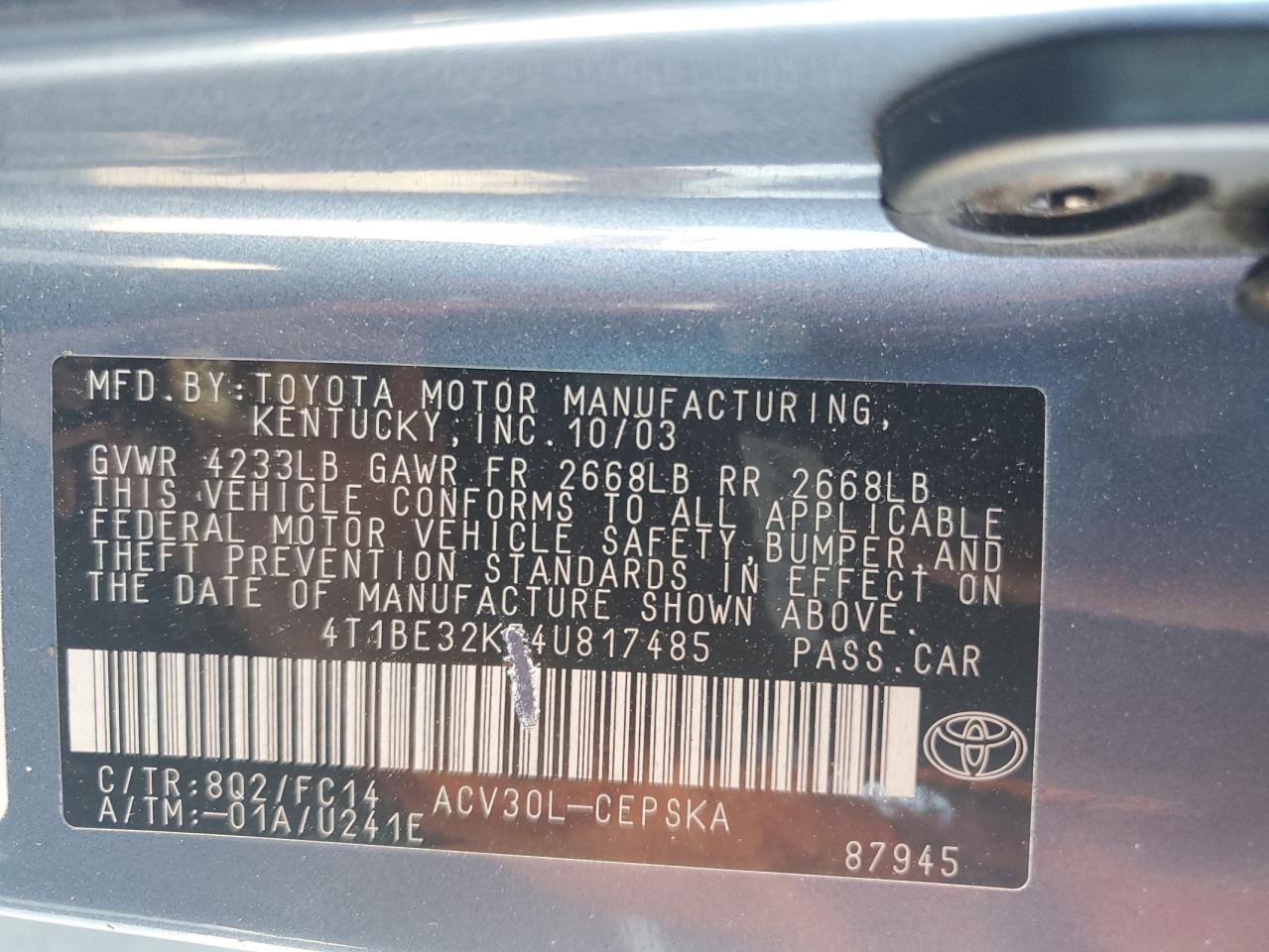 2004 Toyota Camry Le VIN: 4T1BE32K74U817485 Lot: 64509984