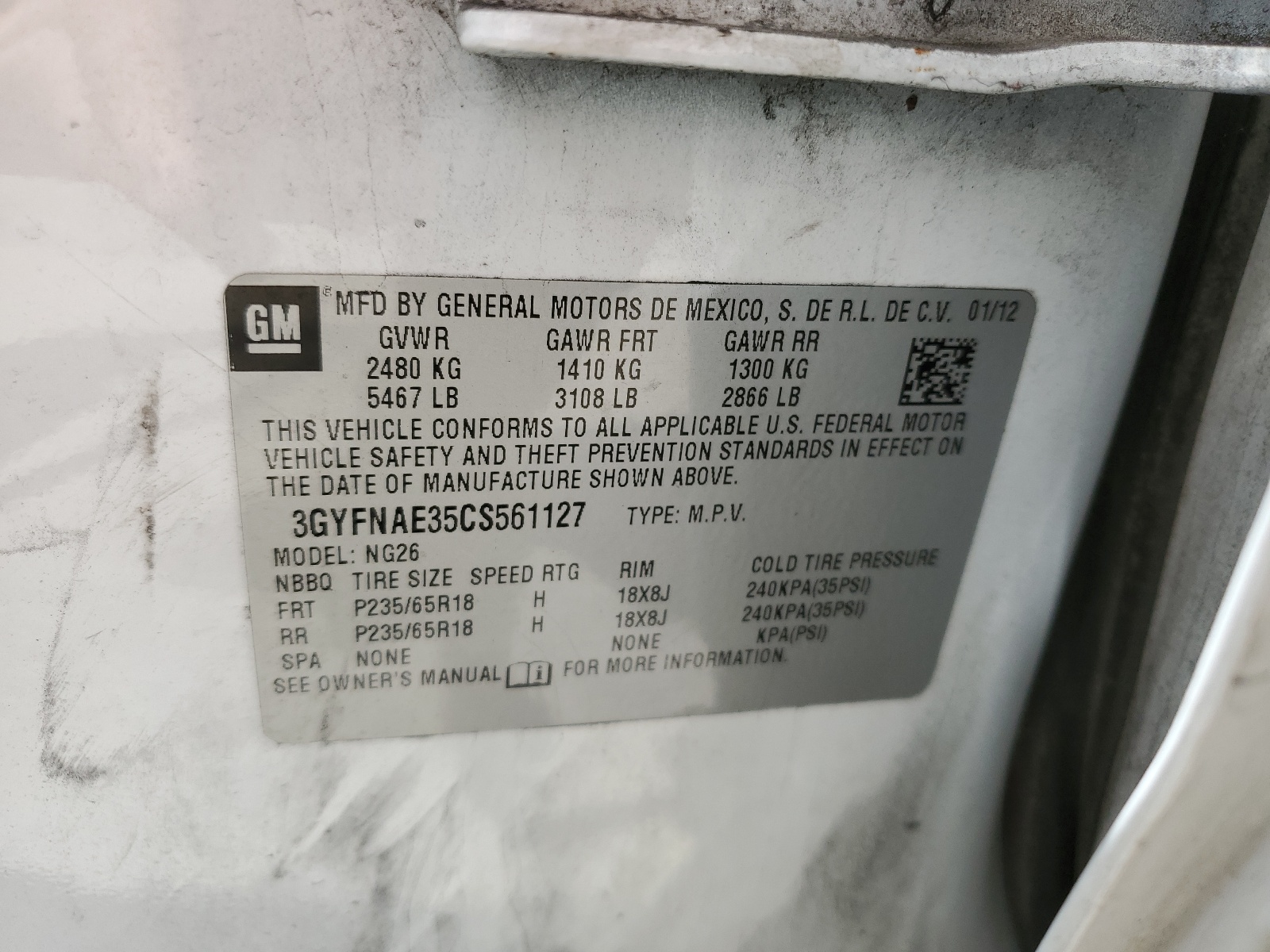 3GYFNAE35CS561127 2012 Cadillac Srx Luxury Collection