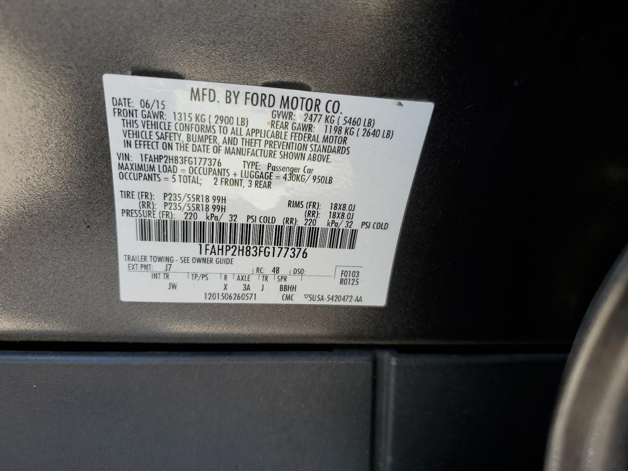 2015 Ford Taurus Sel VIN: 1FAHP2H83FG177376 Lot: 63287024