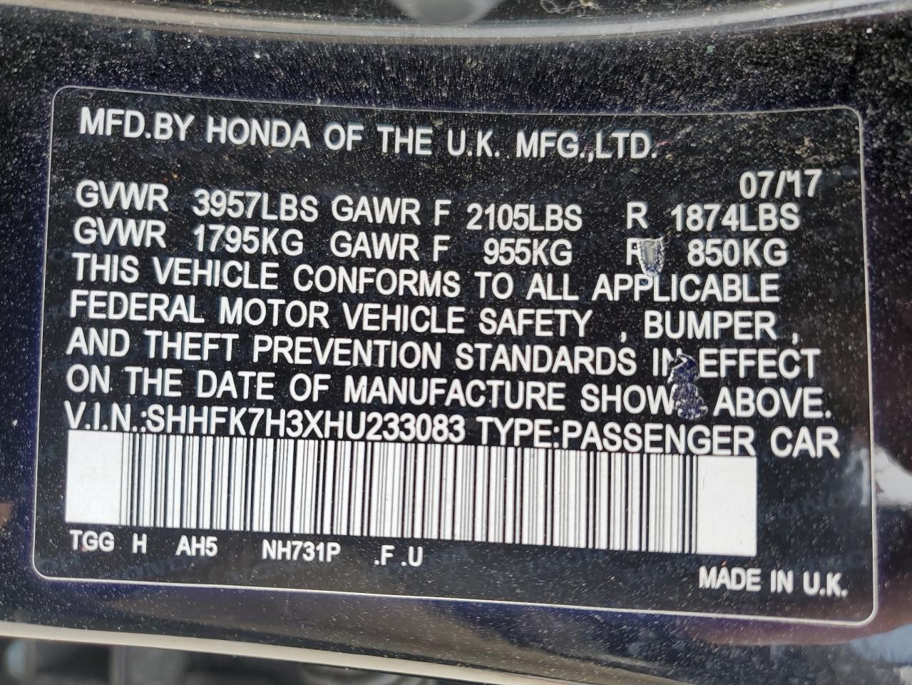 SHHFK7H3XHU233083 2017 Honda Civic Lx