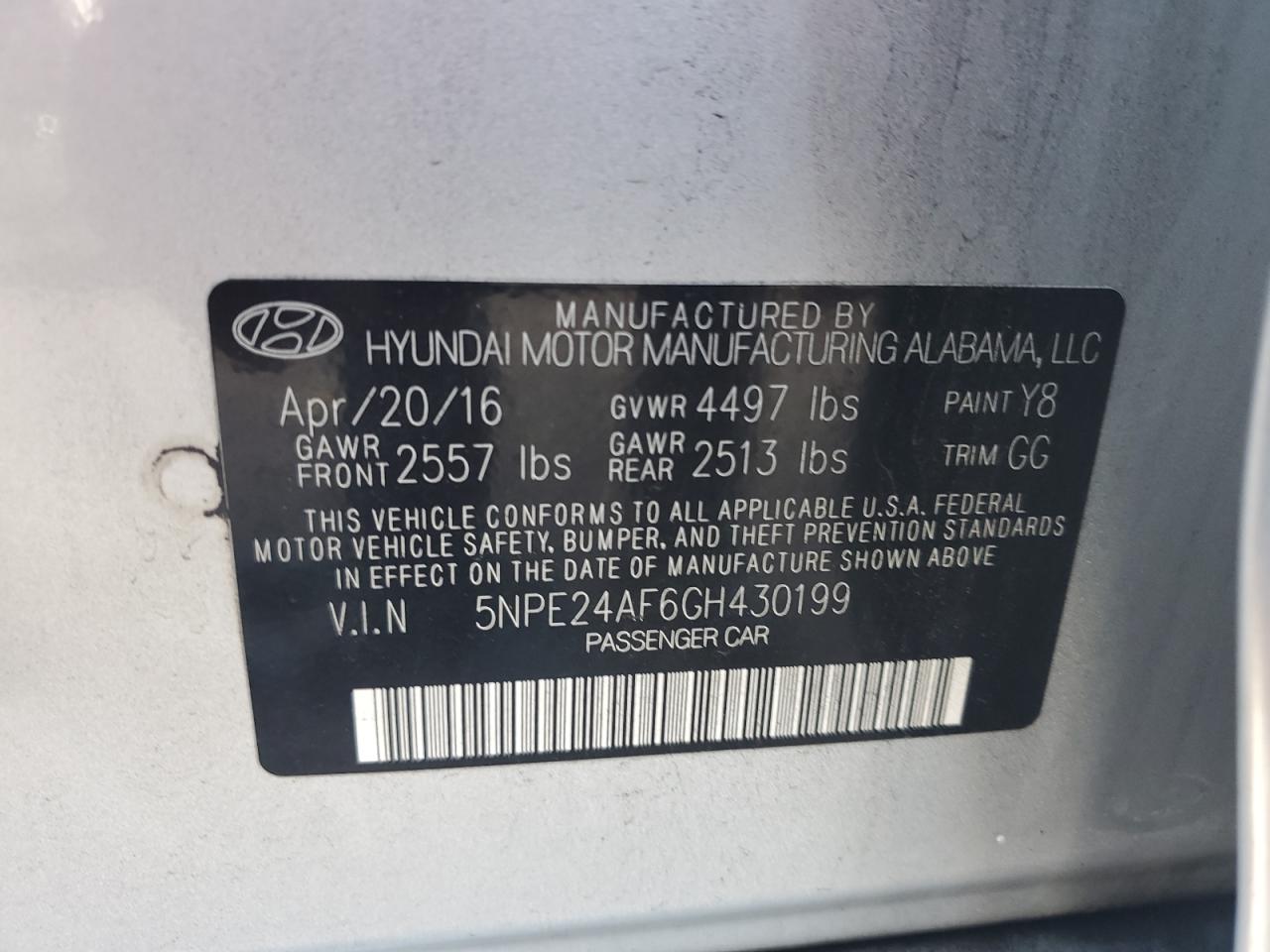 2016 Hyundai Sonata Se VIN: 5NPE24AF6GH430199 Lot: 64721964