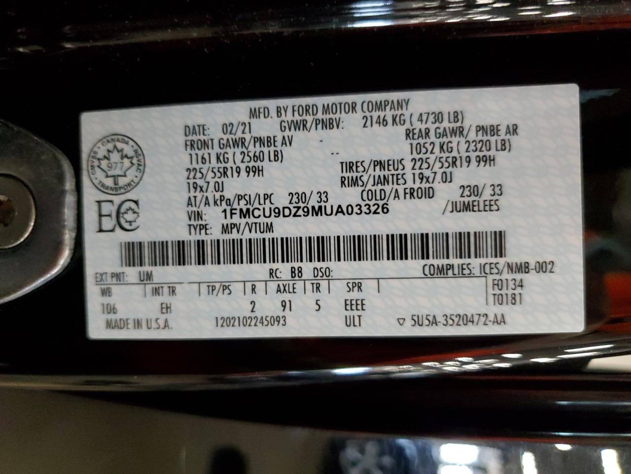 2021 Ford Escape Titanium VIN: 1FMCU9DZ9MUA03326 Lot: 62419844