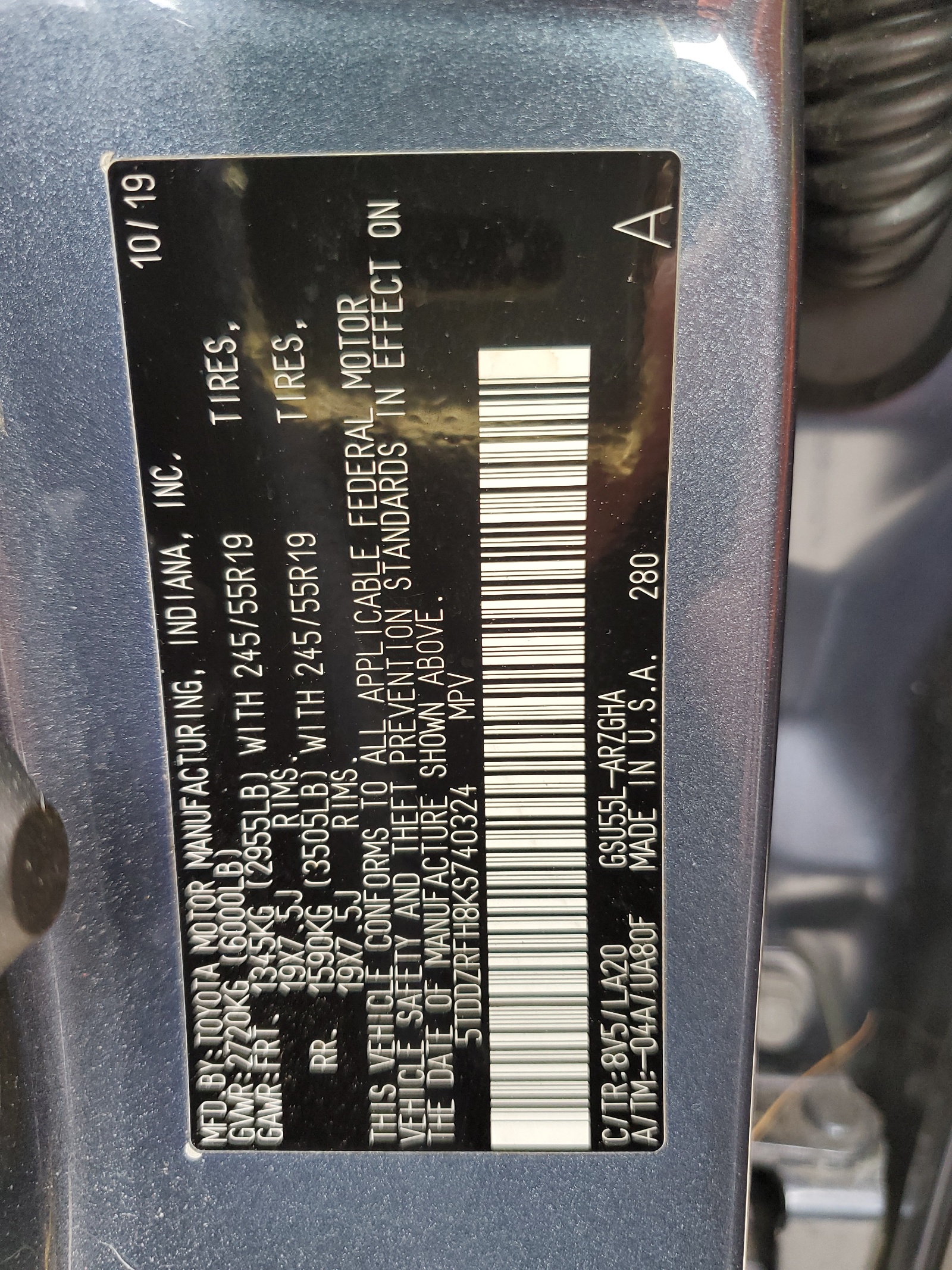 5TDDZRFH8KS740324 2019 Toyota Highlander Limited