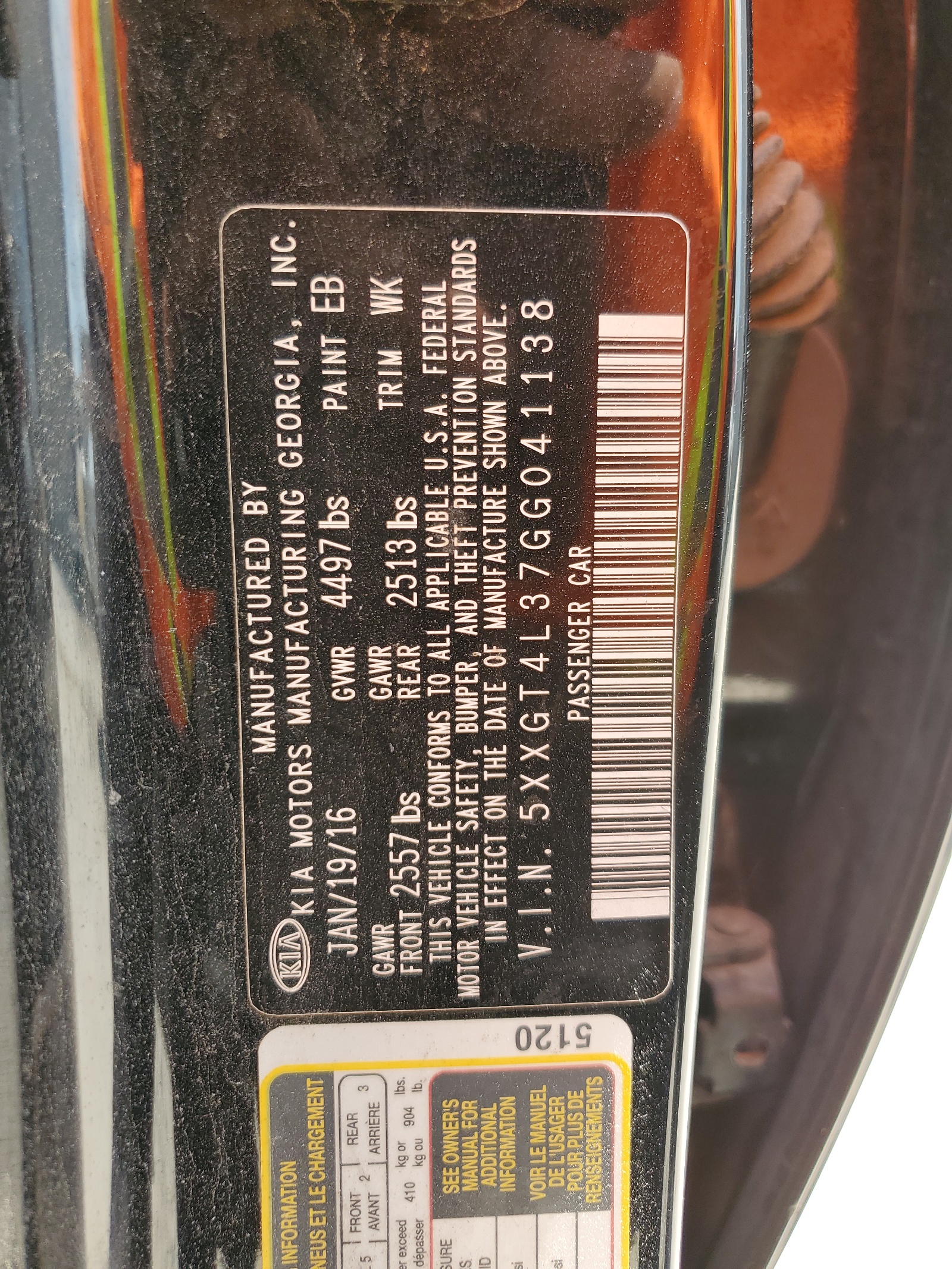 5XXGT4L37GG041138 2016 Kia Optima Lx