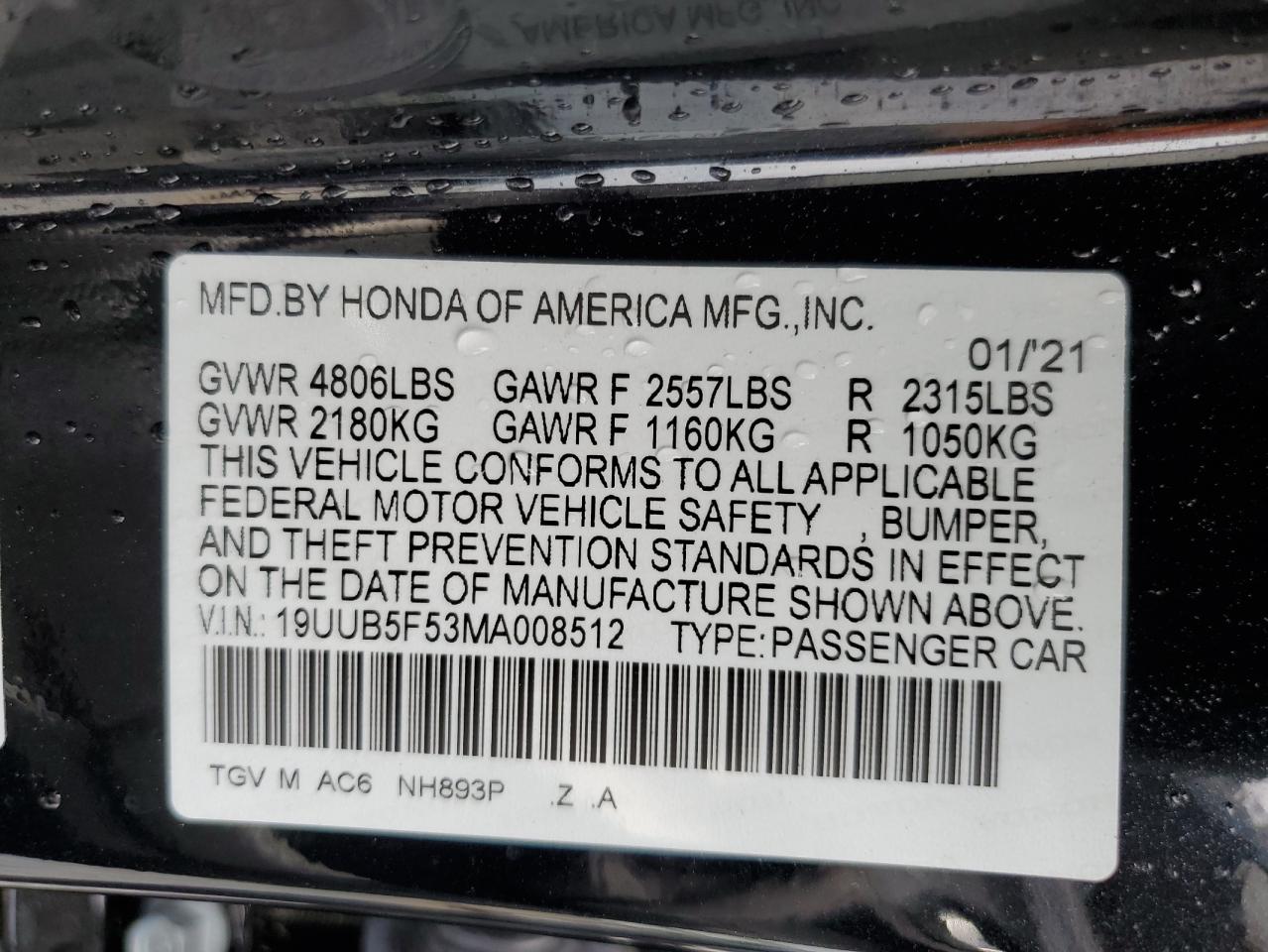 2021 Acura Tlx Tech A VIN: 19UUB5F53MA008512 Lot: 63353164