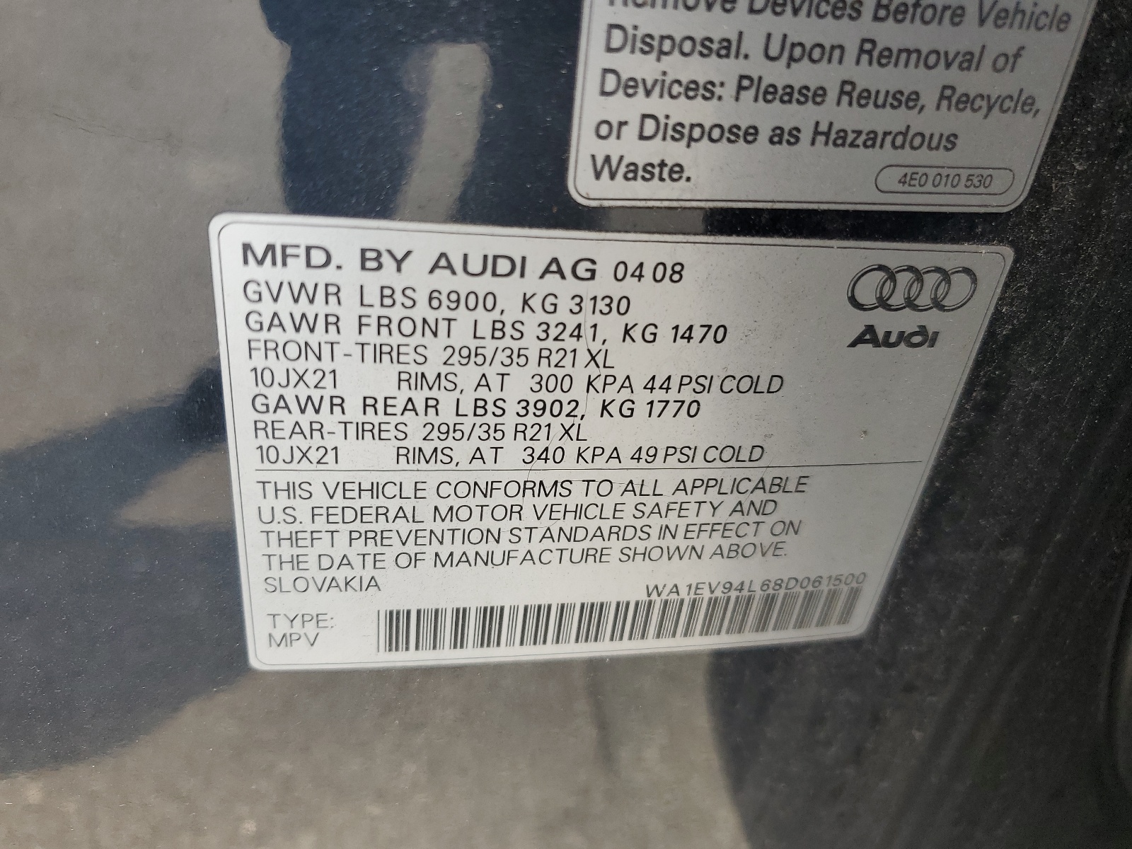 WA1EV94L68D061500 2008 Audi Q7 4.2 Quattro S-Line