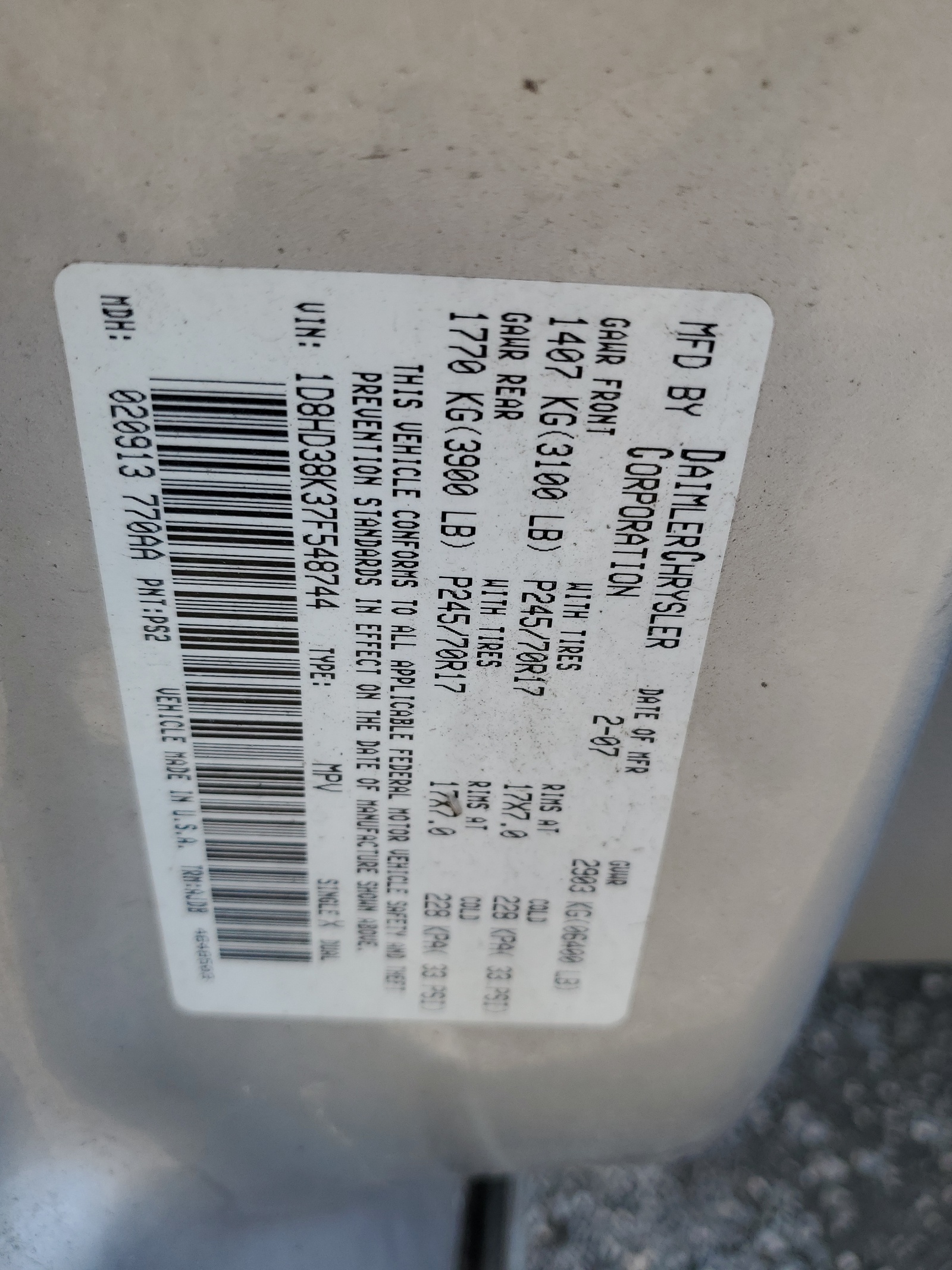 1D8HD38K37F548744 2007 Dodge Durango Sxt