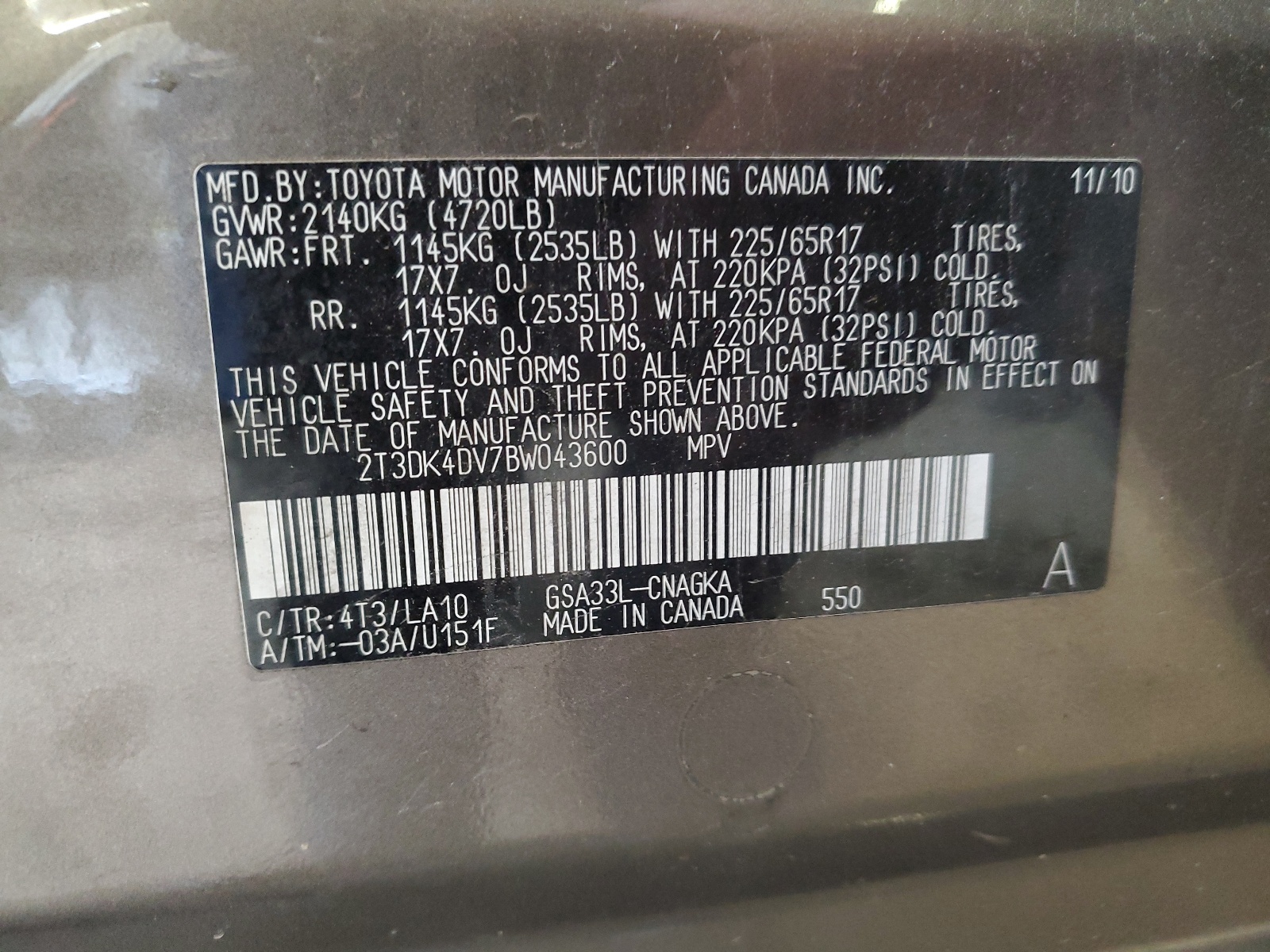 2T3DK4DV7BW043600 2011 Toyota Rav4 Limited