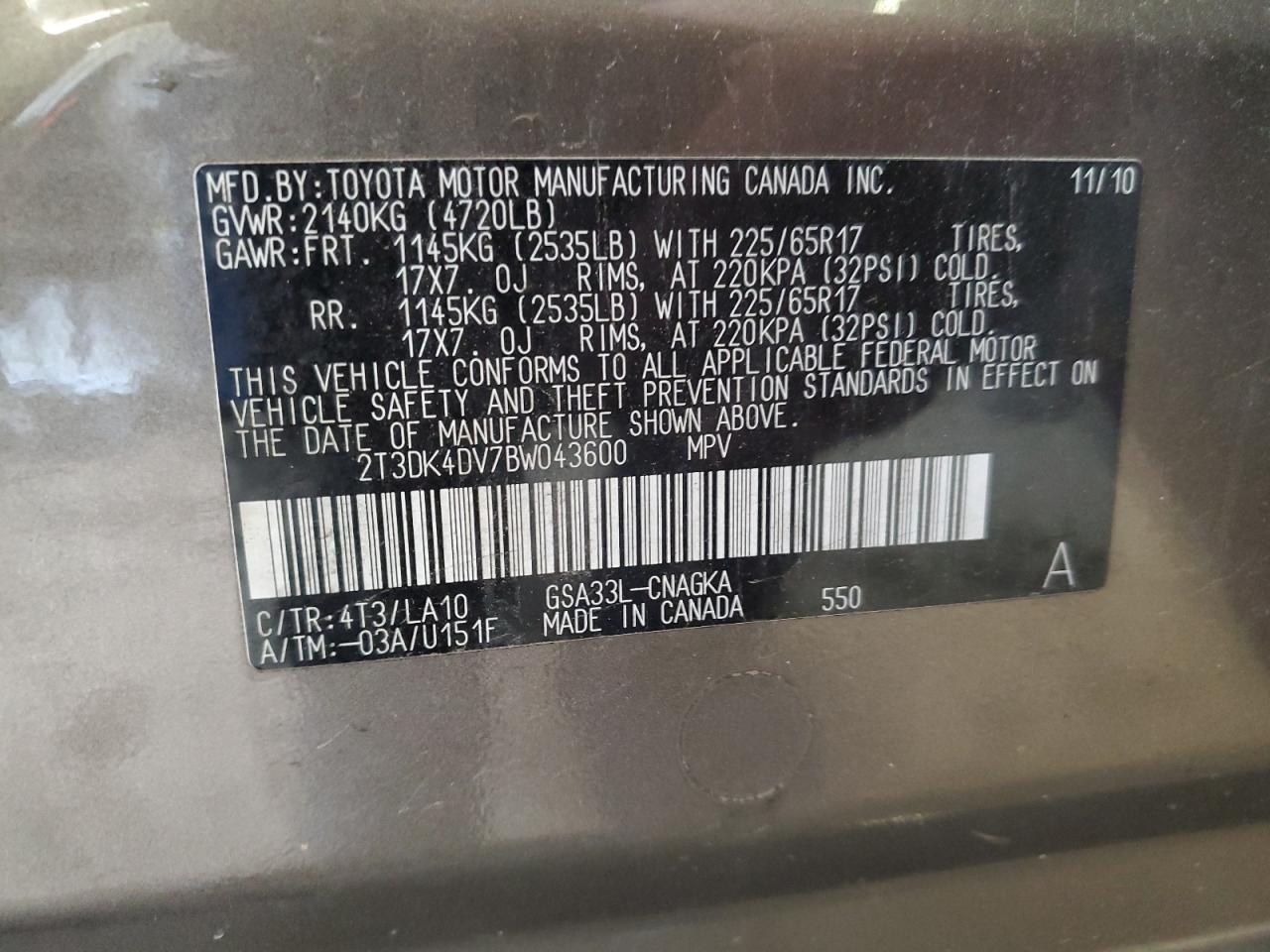 2011 Toyota Rav4 Limited VIN: 2T3DK4DV7BW043600 Lot: 64170864