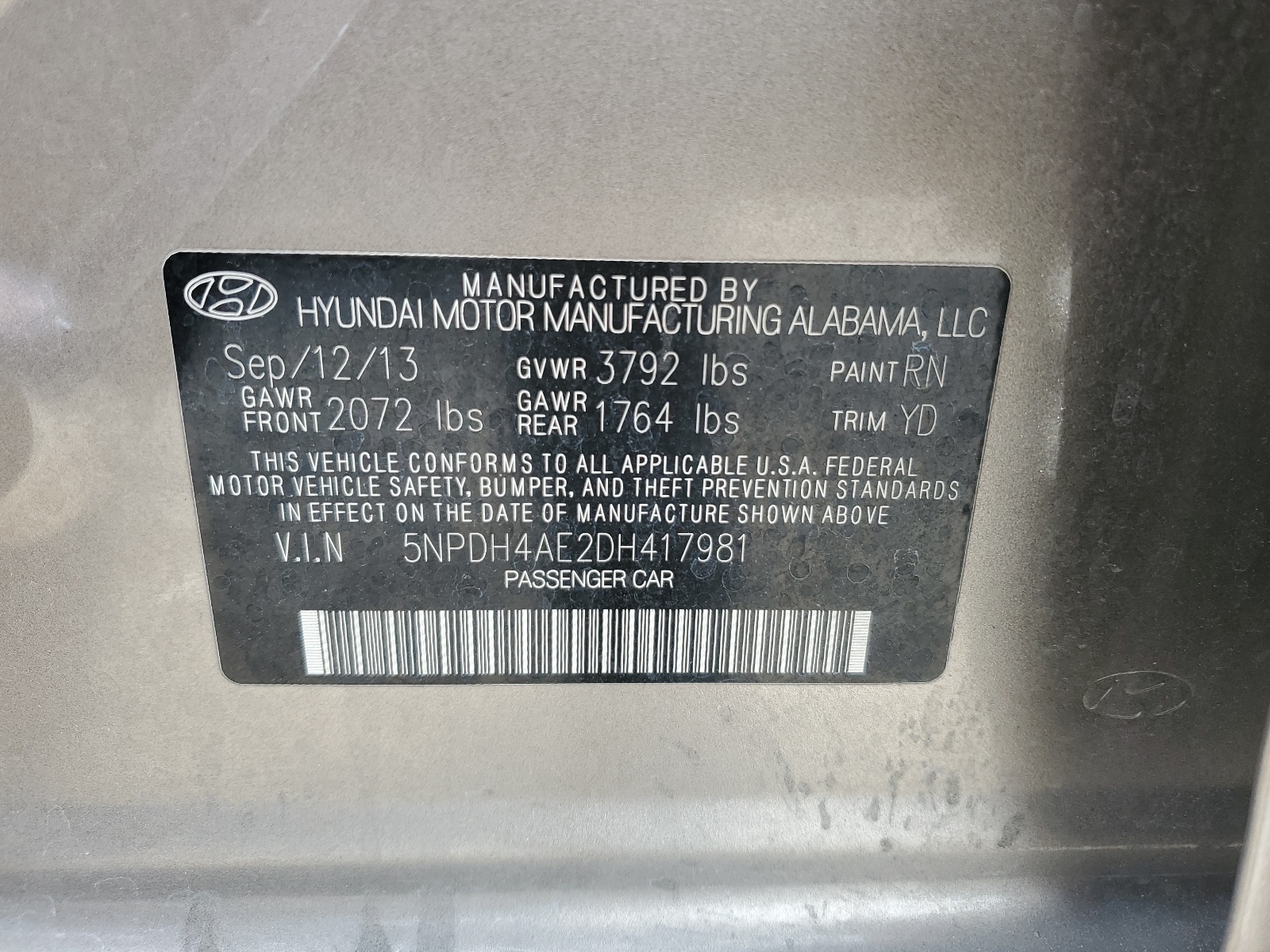 5NPDH4AE2DH417981 2013 Hyundai Elantra Gls