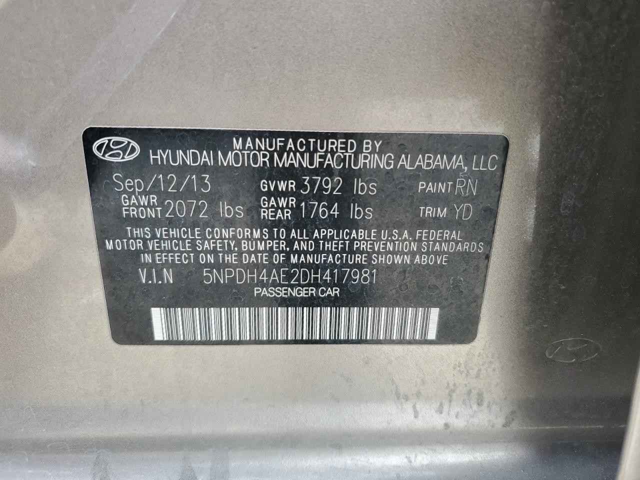 2013 Hyundai Elantra Gls VIN: 5NPDH4AE2DH417981 Lot: 65613404