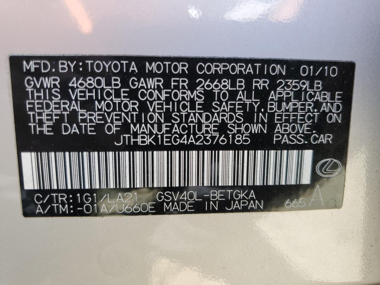 JTHBK1EG4A2376185 2010 Lexus Es 350