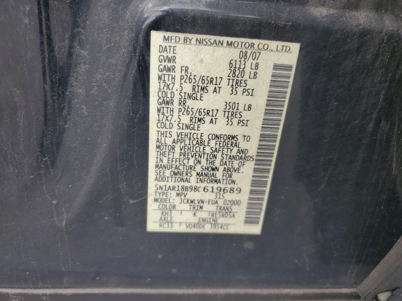 2008 Nissan Pathfinder S VIN: 5N1AR18B98C619689 Lot: 65494525