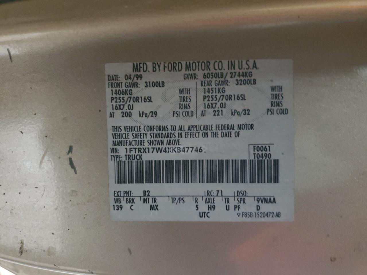 1999 Ford F150 VIN: 1FTRX17W4XKB47746 Lot: 64711244