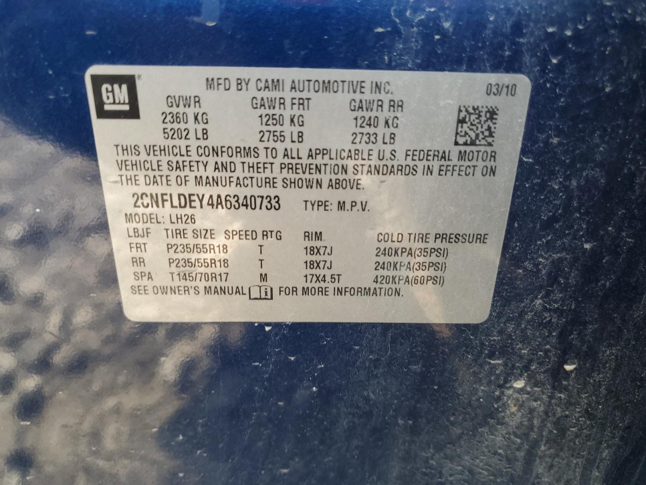 2CNFLDEY4A6340733 2010 Chevrolet Equinox Lt