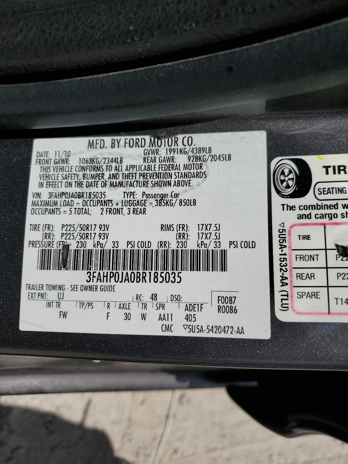 3FAHP0JA0BR185035 2011 Ford Fusion Sel