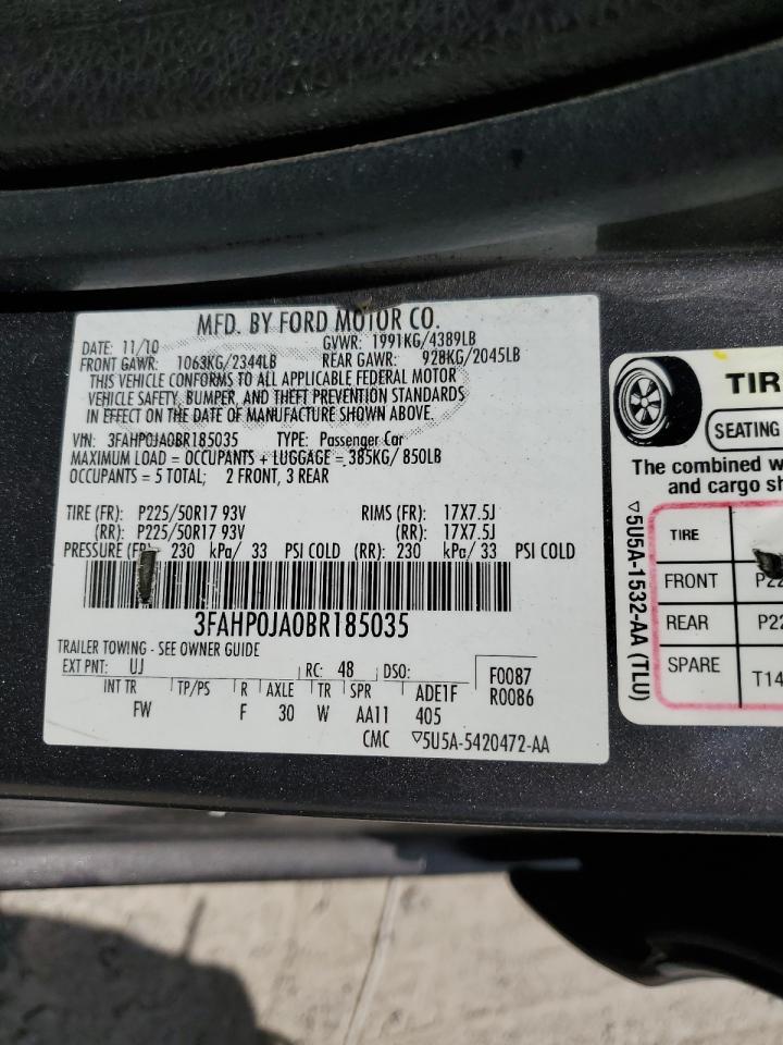 2011 Ford Fusion Sel VIN: 3FAHP0JA0BR185035 Lot: 63526544