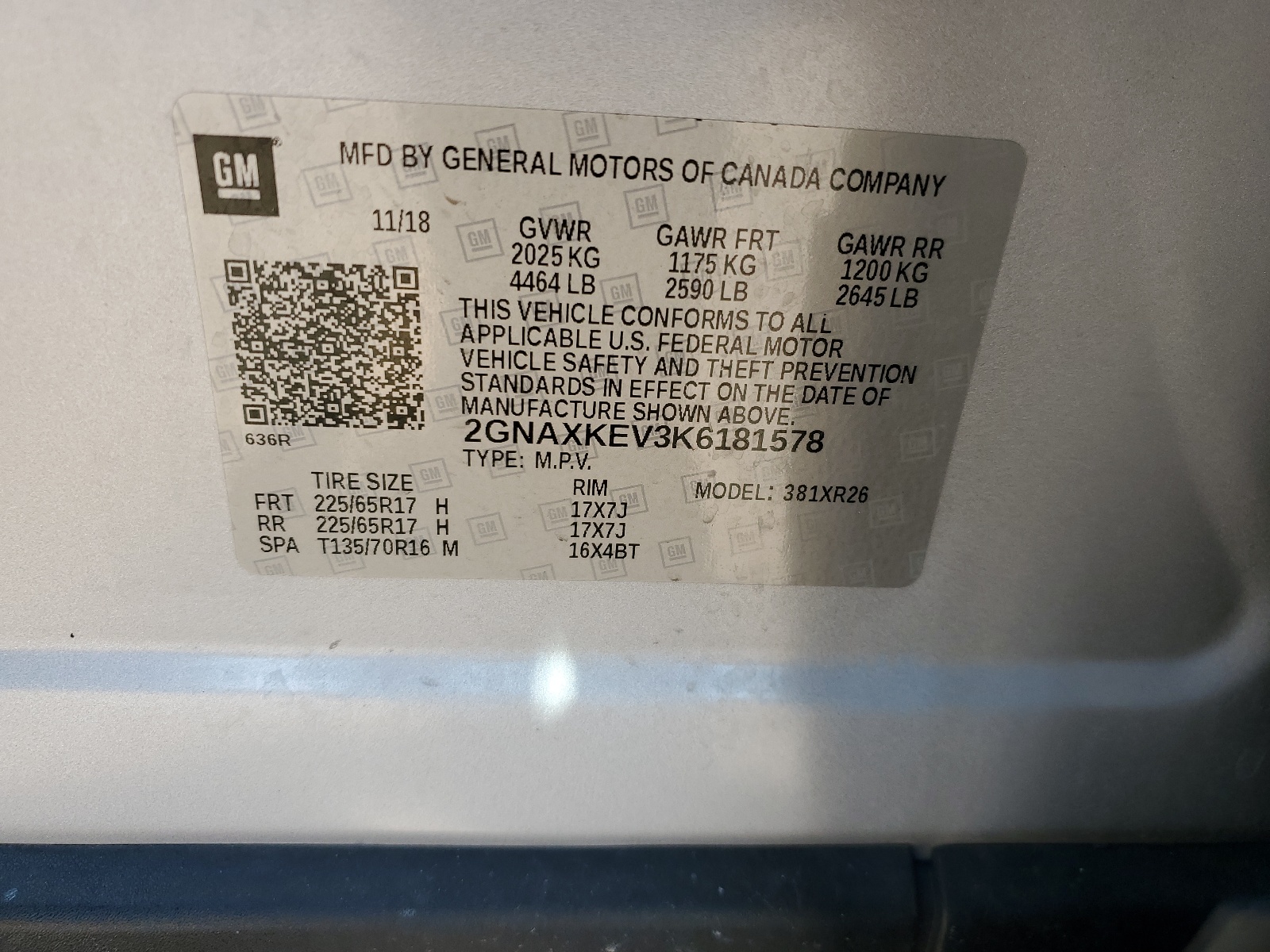 2GNAXKEV3K6181578 2019 Chevrolet Equinox Lt