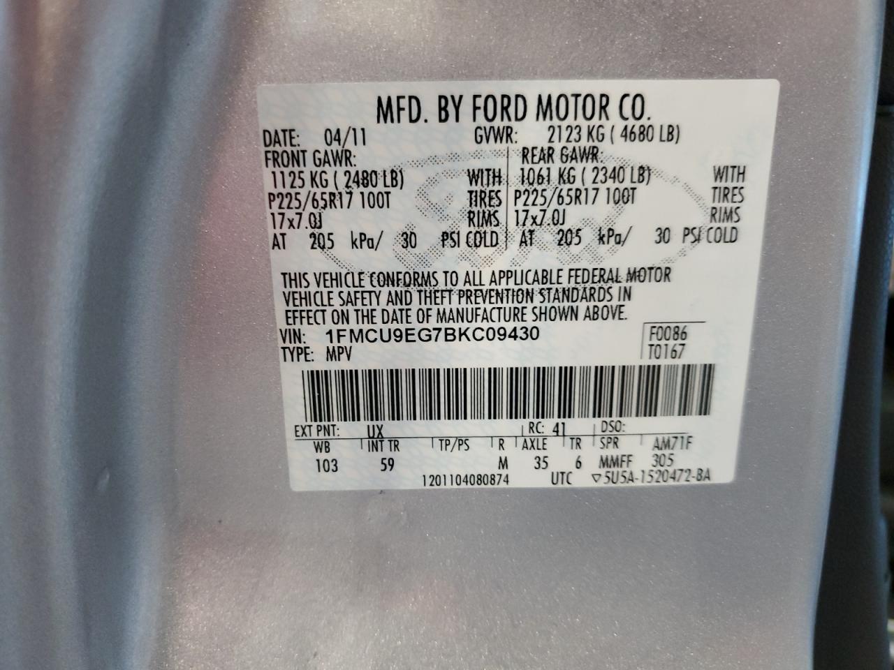 2011 Ford Escape Limited VIN: 1FMCU9EG7BKC09430 Lot: 63395844