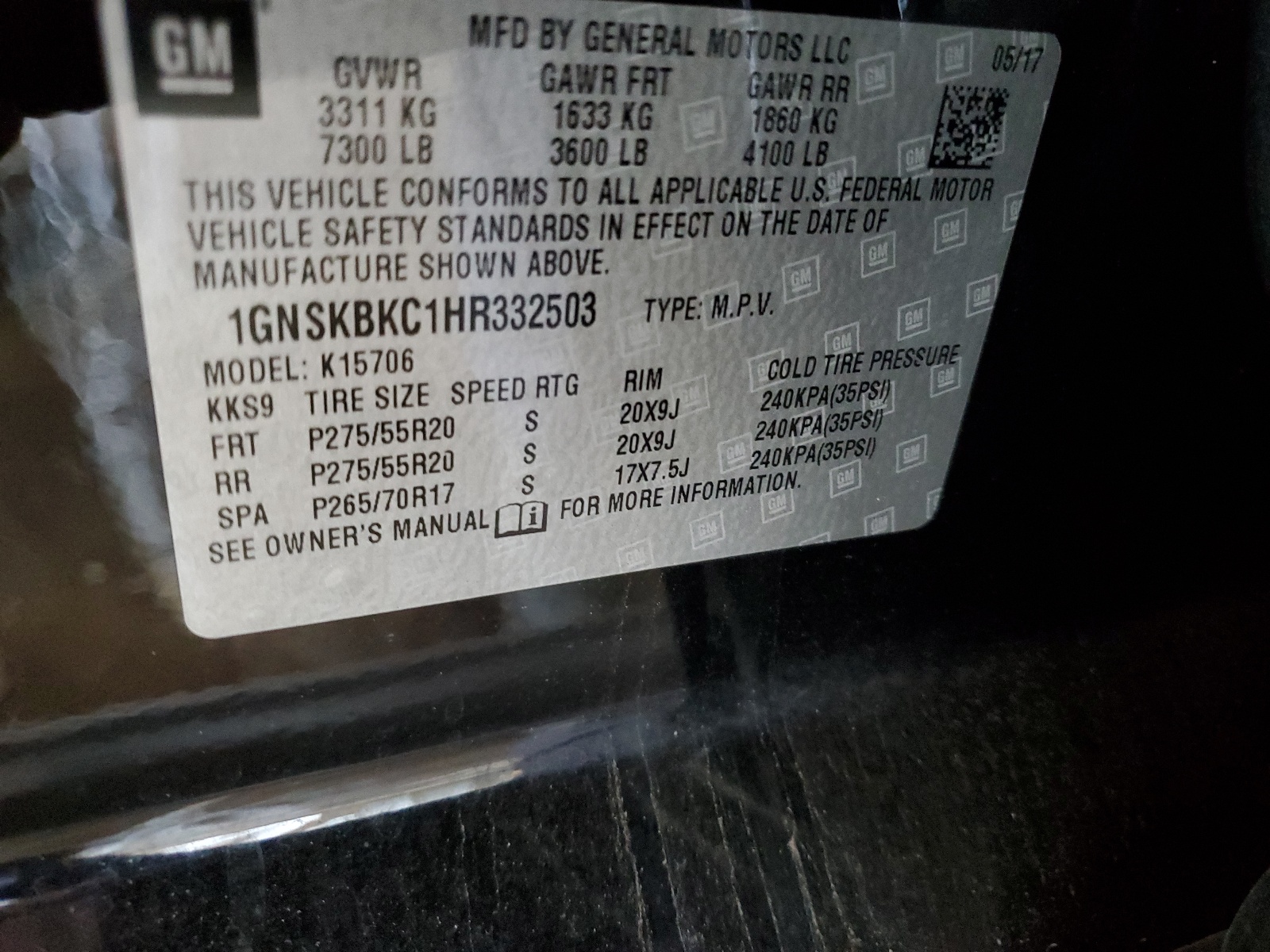 1GNSKBKC1HR332503 2017 Chevrolet Tahoe K1500 Lt