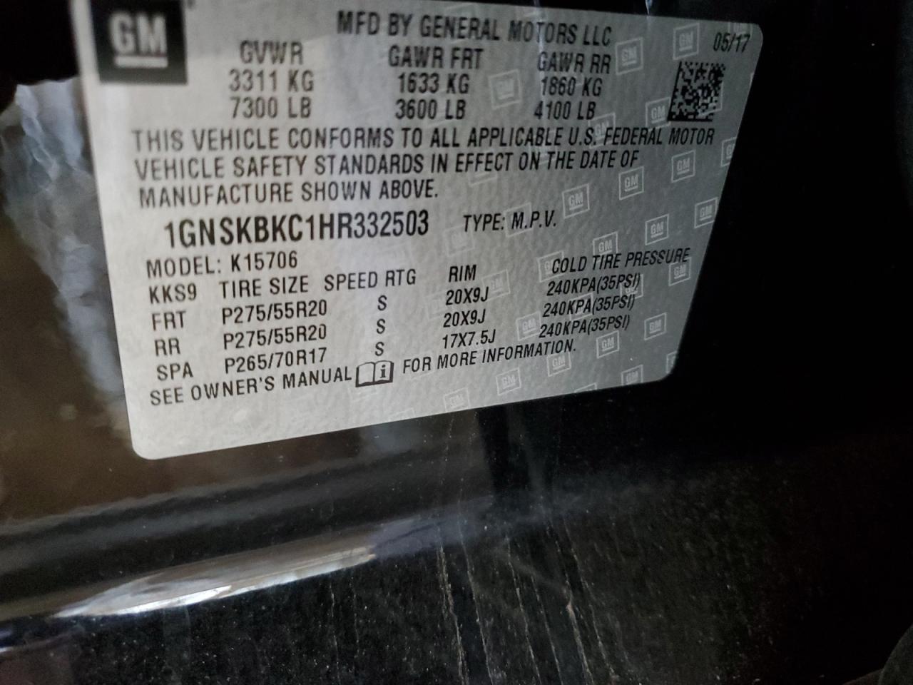 2017 Chevrolet Tahoe K1500 Lt VIN: 1GNSKBKC1HR332503 Lot: 63648924