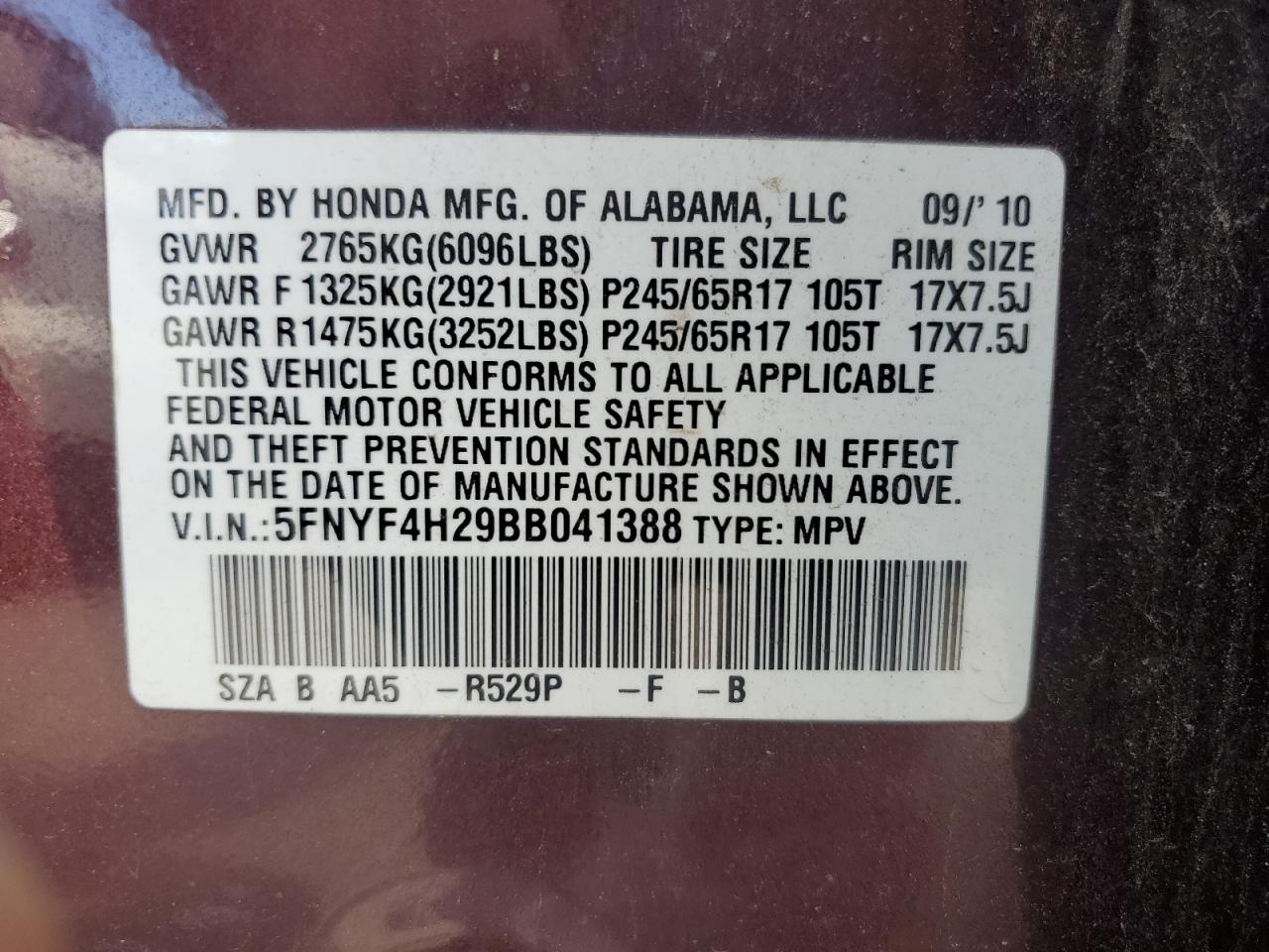 2011 Honda Pilot Lx VIN: 5FNYF4H29BB041388 Lot: 63563544