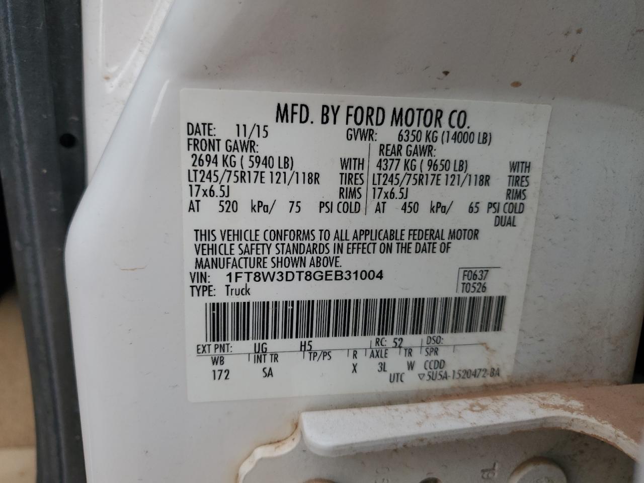 2016 Ford F350 Super Duty VIN: 1FT8W3DT8GEB31004 Lot: 61030814