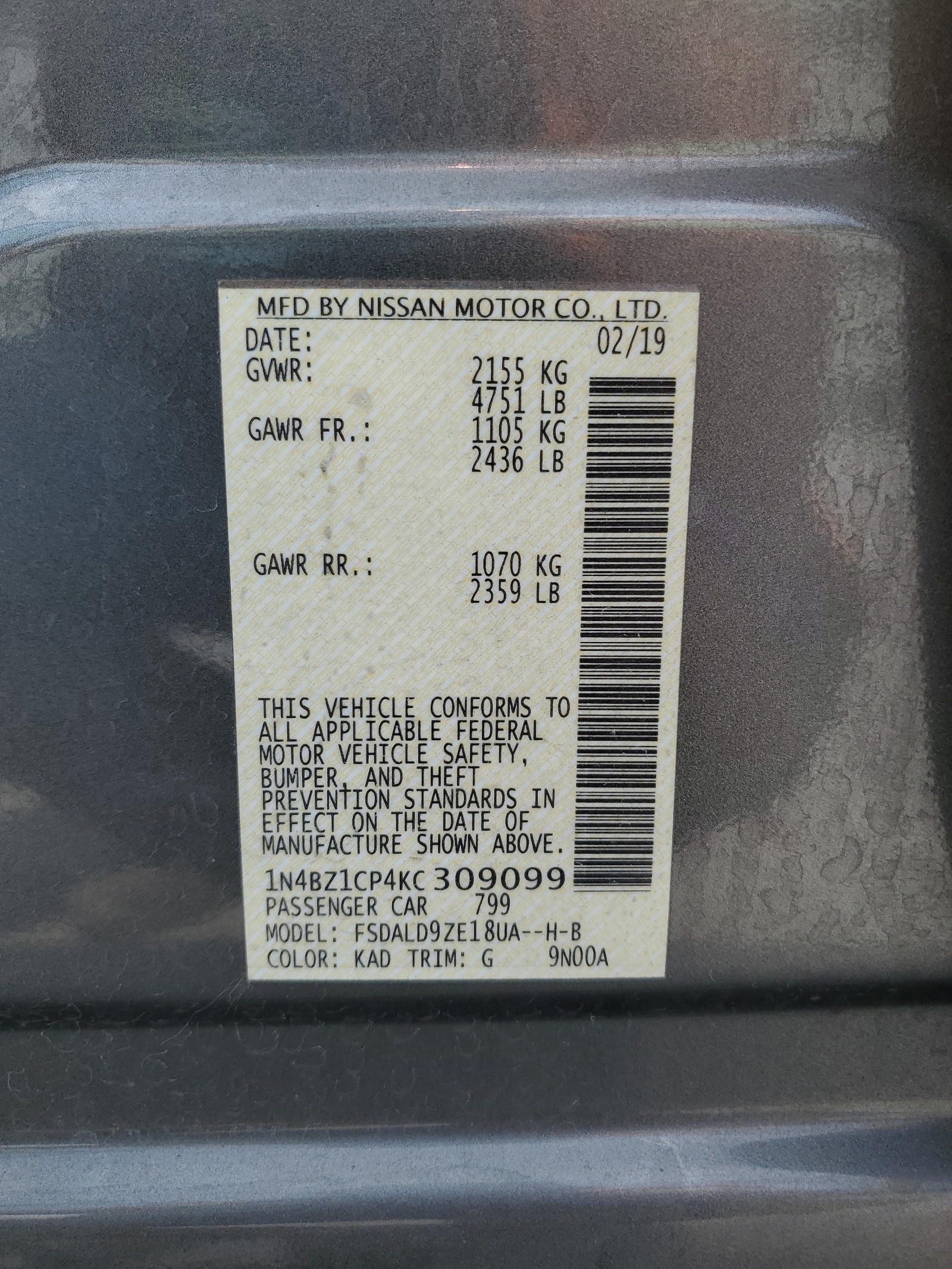 1N4BZ1CP4KC309099 2019 Nissan Leaf S Plus