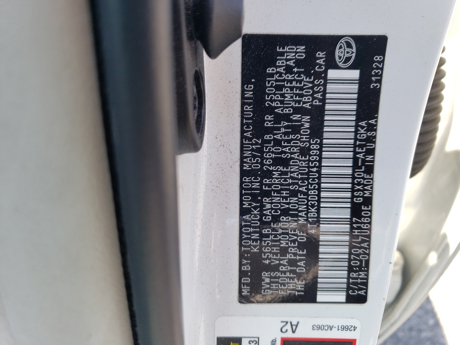 4T1BK3DB5CU459985 2012 Toyota Avalon Base