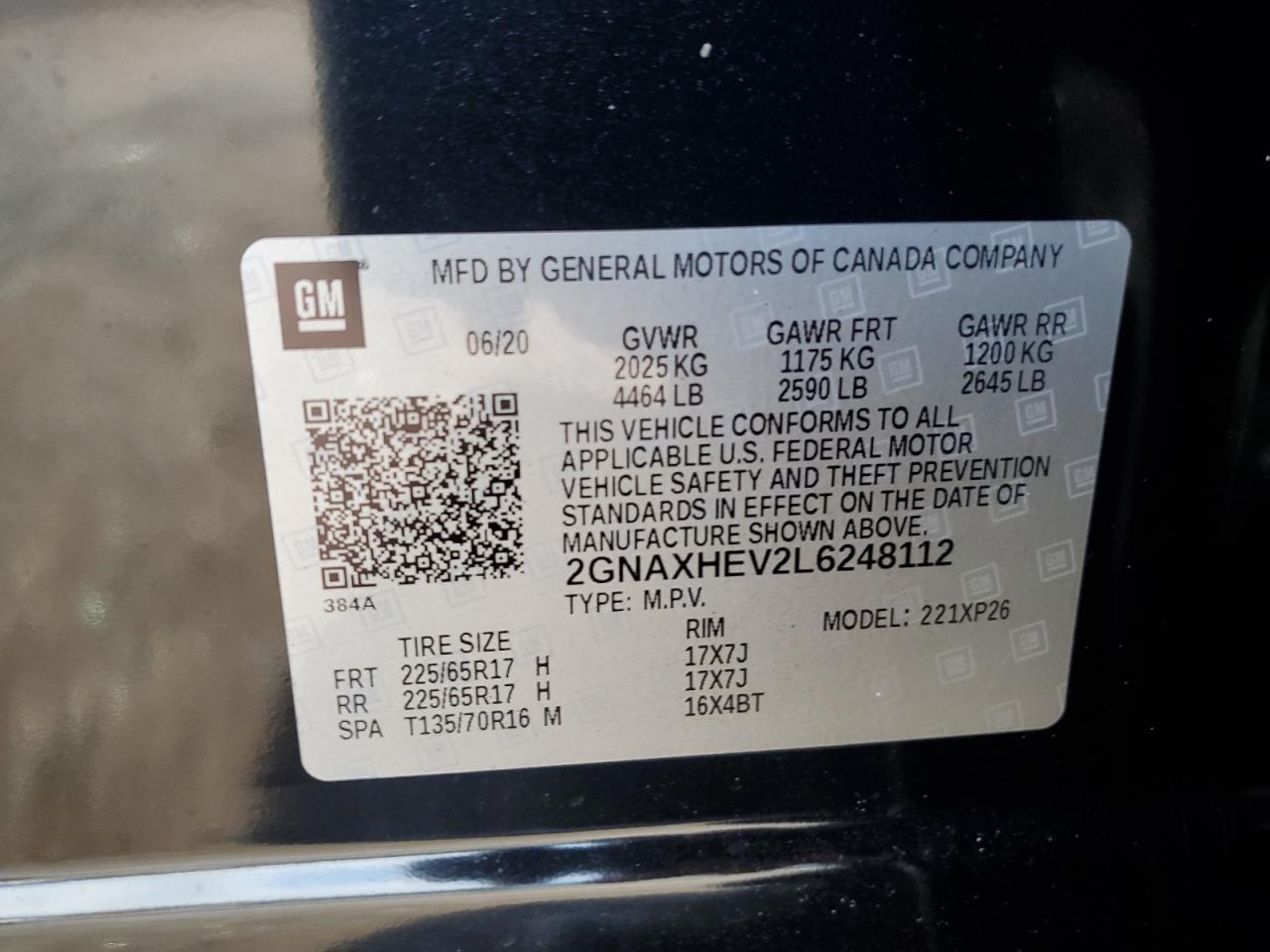 2020 Chevrolet Equinox Ls VIN: 2GNAXHEV2L6248112 Lot: 64694454