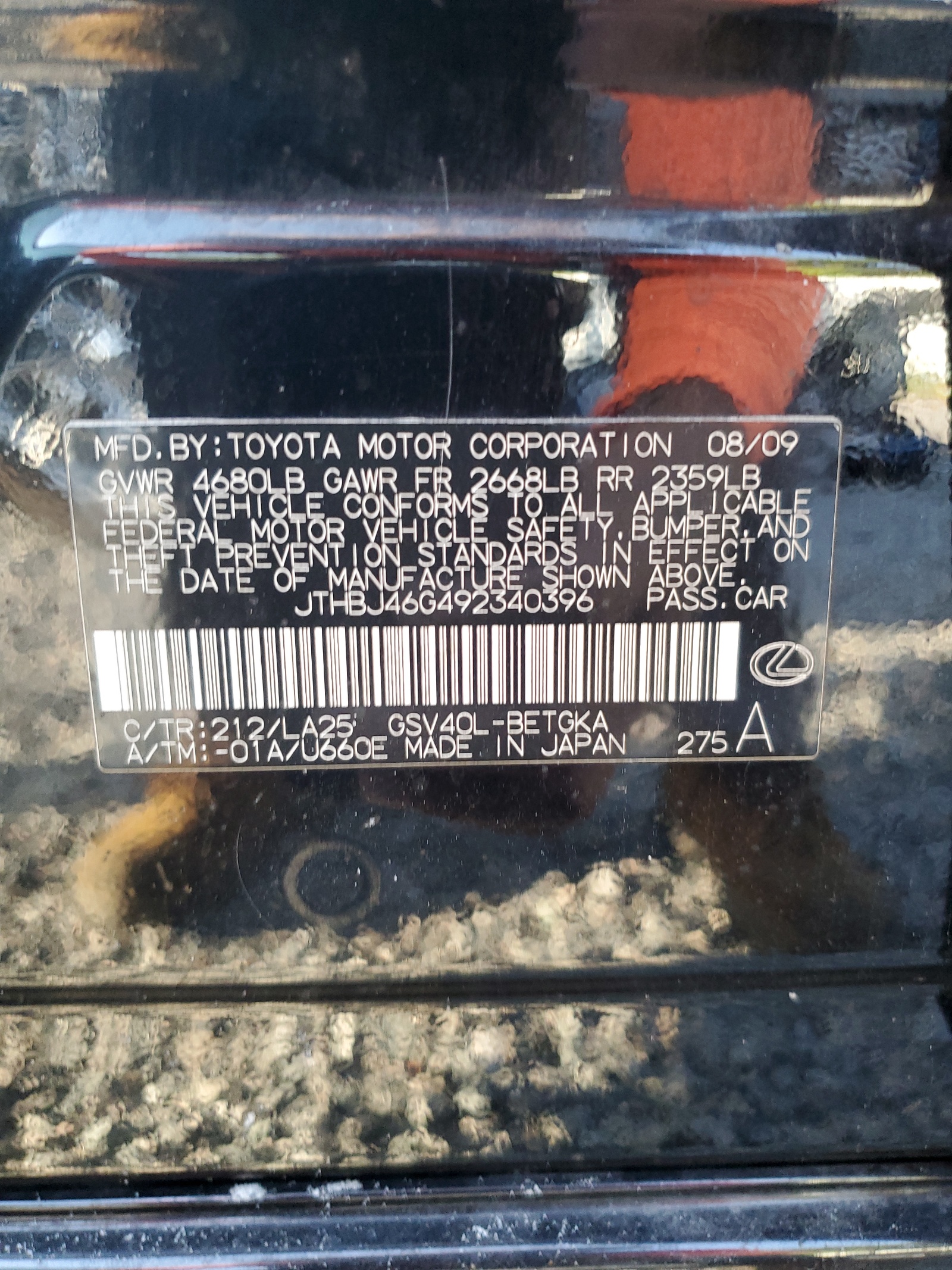 JTHBJ46G492340396 2009 Lexus Es 350