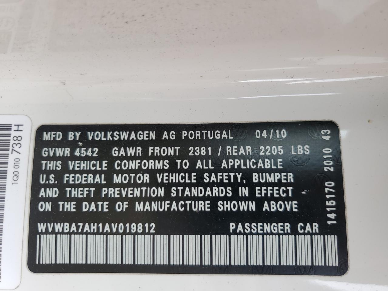 2010 Volkswagen Eos Turbo VIN: WVWBA7AH1AV019812 Lot: 63100094