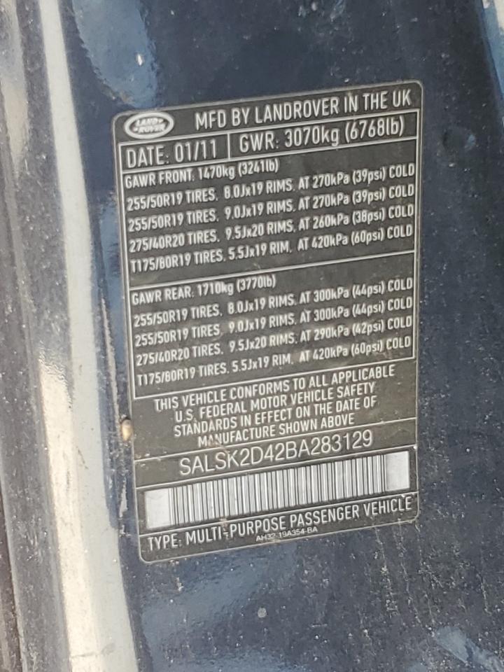 2011 Land Rover Range Rover Sport Lux VIN: SALSK2D42BA283129 Lot: 64026264