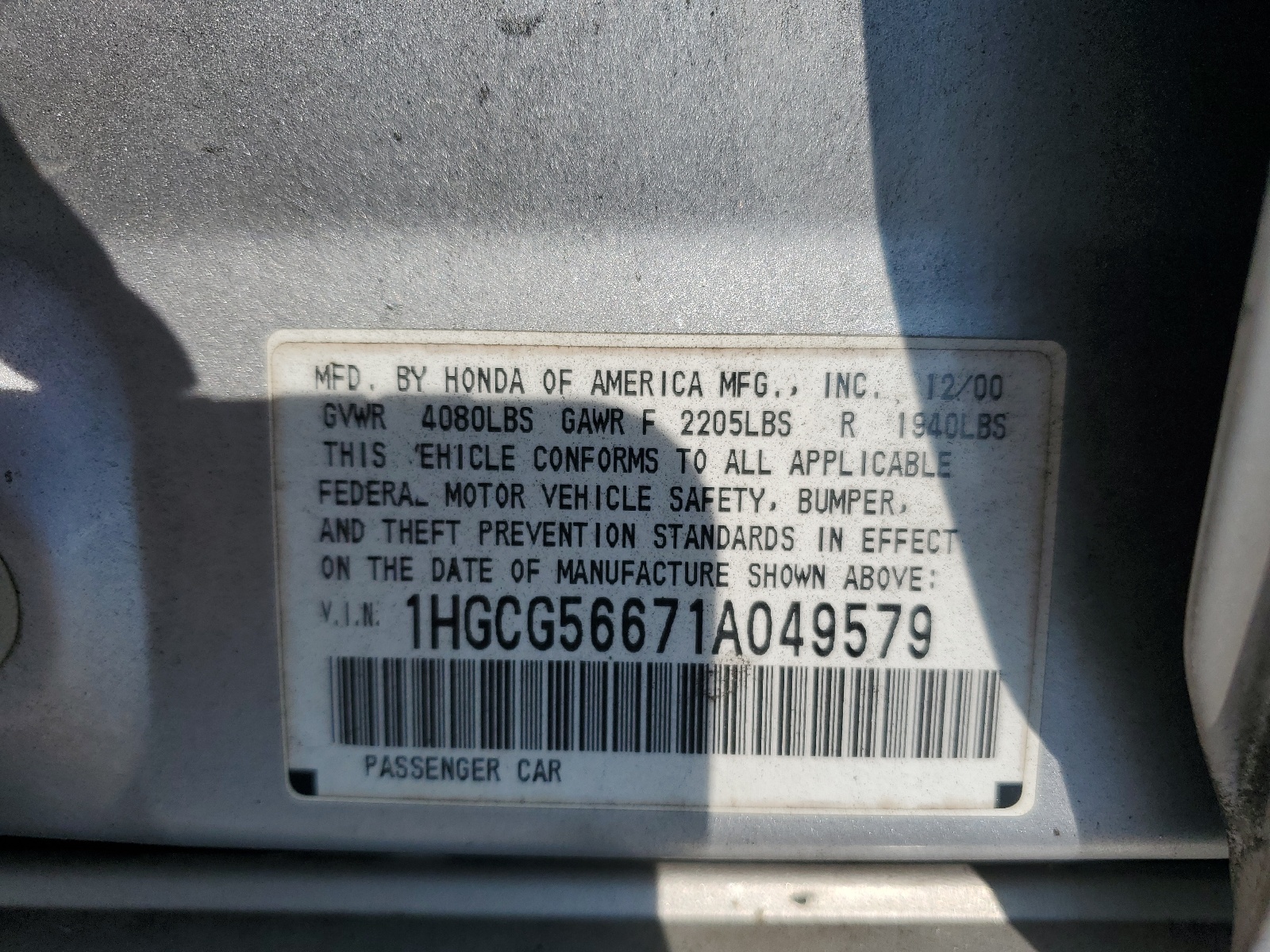 1HGCG56671A049579 2001 Honda Accord Ex