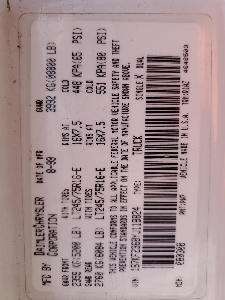 2000 Dodge Ram 2500 VIN: 1B7KF2368YJ118824 Lot: 64498044