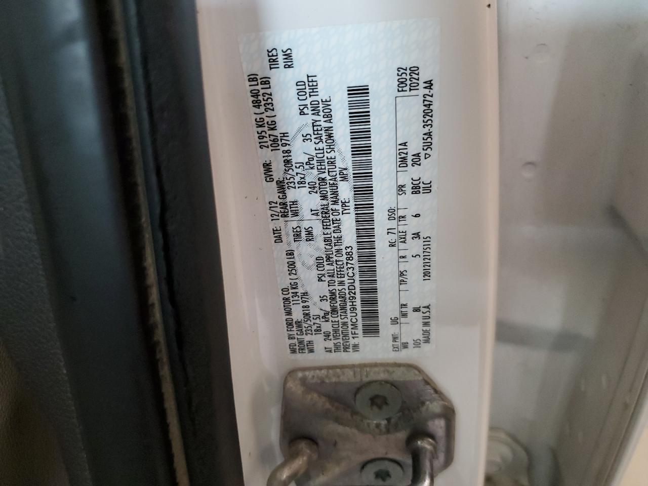 2013 Ford Escape Sel VIN: 1FMCU9H92DUC37883 Lot: 63448894