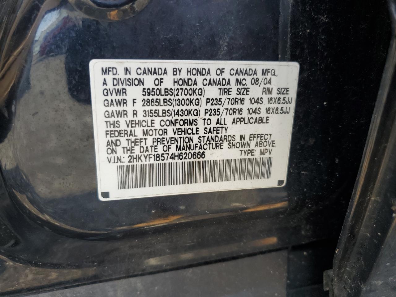 2004 Honda Pilot Exl VIN: 2HKYF18574H620666 Lot: 58464364