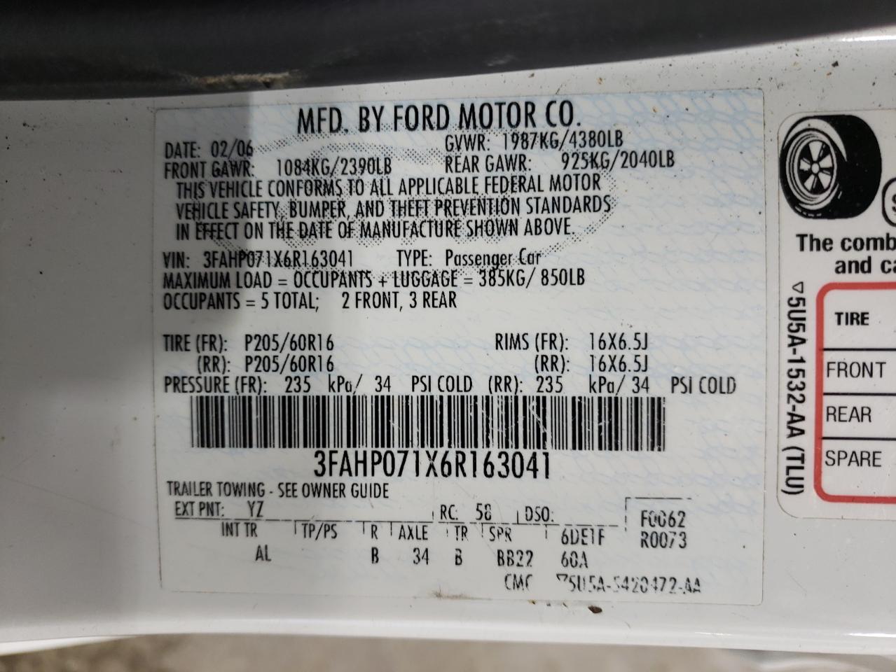 2006 Ford Fusion Se VIN: 3FAHP071X6R163041 Lot: 63827124