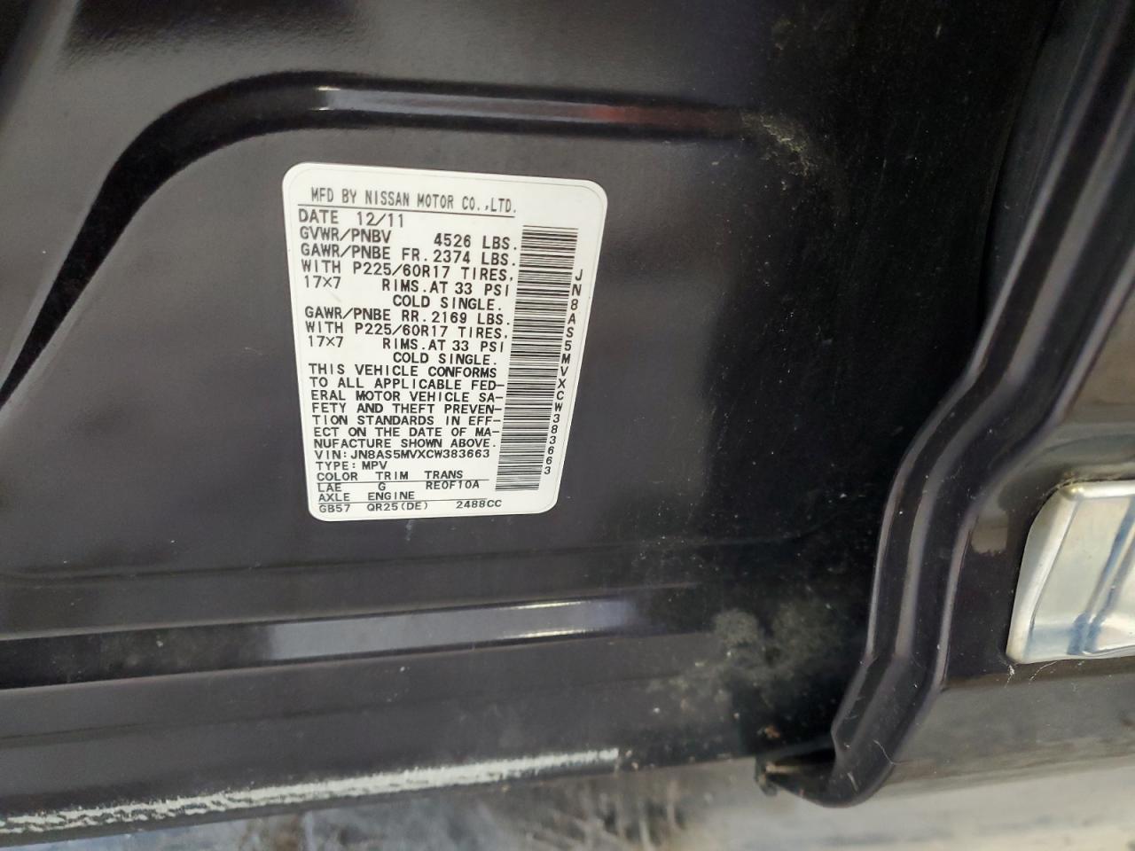 2012 Nissan Rogue S VIN: JN8AS5MVXCW383663 Lot: 63428184